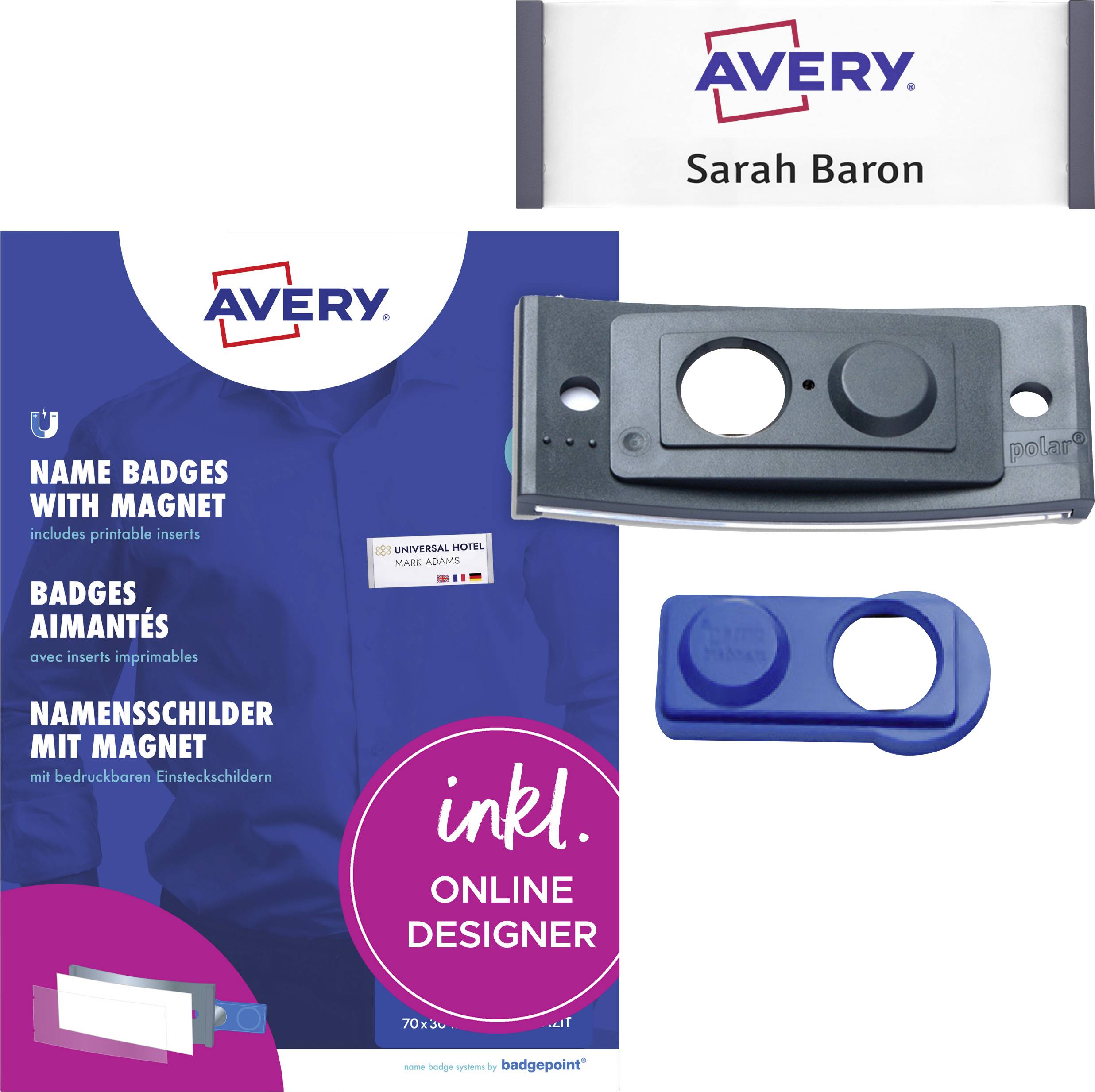 Namensschilder mit Magnetbefestigung, präsentiert neben einem Namensschild und einer Magnetbefestigung. Enthält das 'Avery' Logo und die Bezeichnung 'Online Designer'.