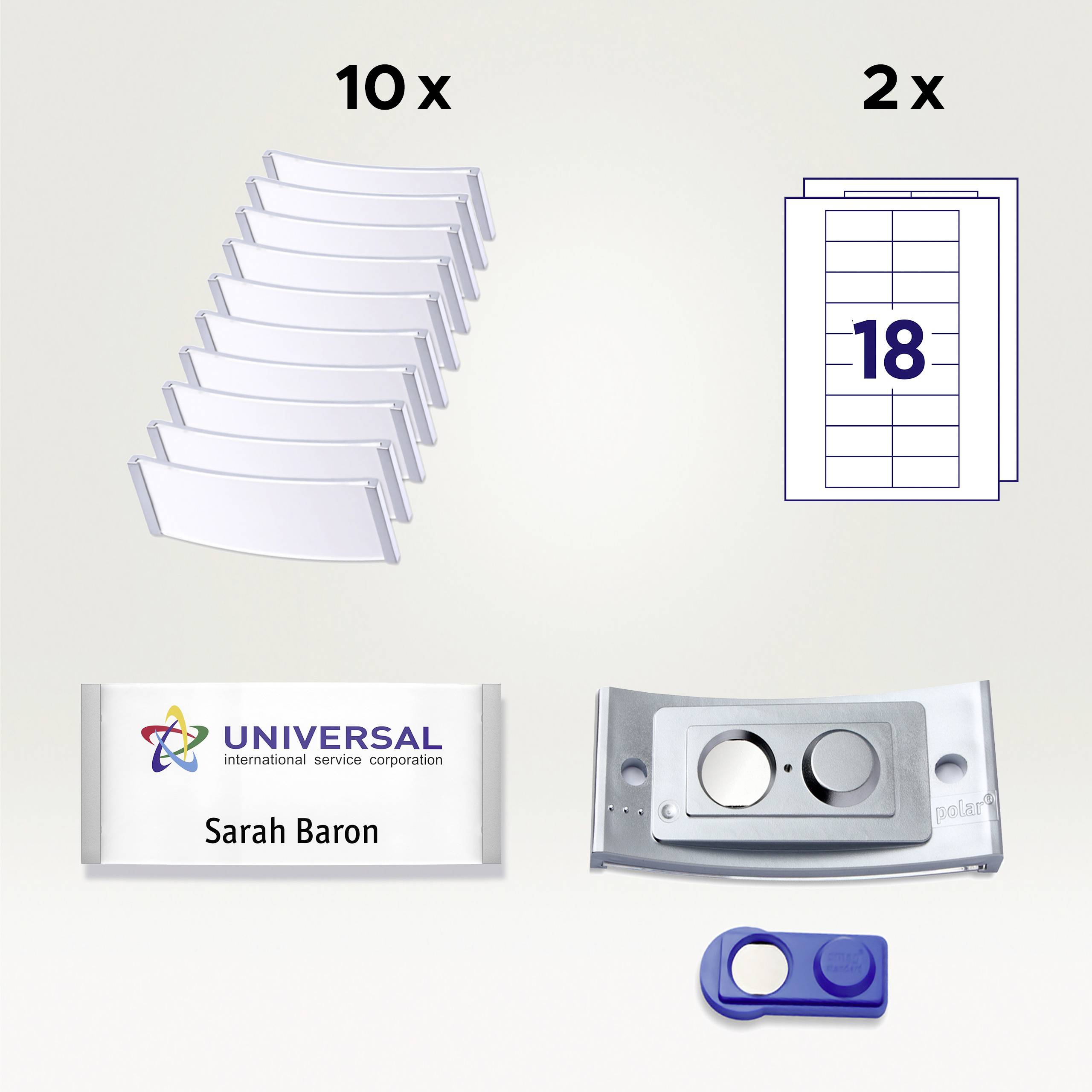 Set bestehend aus: 10x Namensschild mit gebogenen Halterungen, 2x Papierbögen für Etiketten mit 18 Etiketten pro Bogen, 1x Universal-Namensschild, 1x Magnetbefestigung.