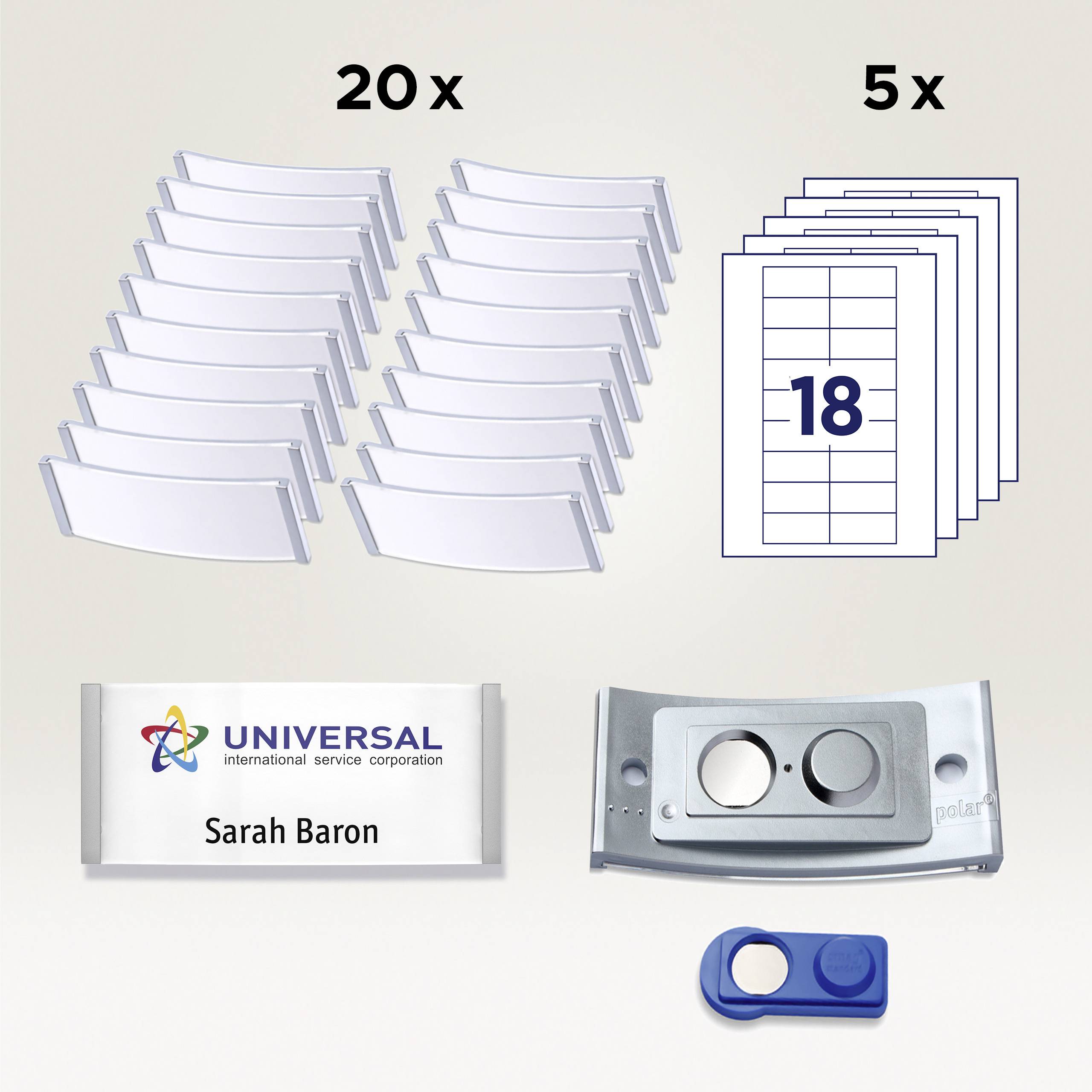 '20 gewölbte Namensschild-Einsätze und 5 Bögen, jeder mit 18 ausbrechbaren Etiketten.' Enthält auch Namensschildhalter und Magnet.