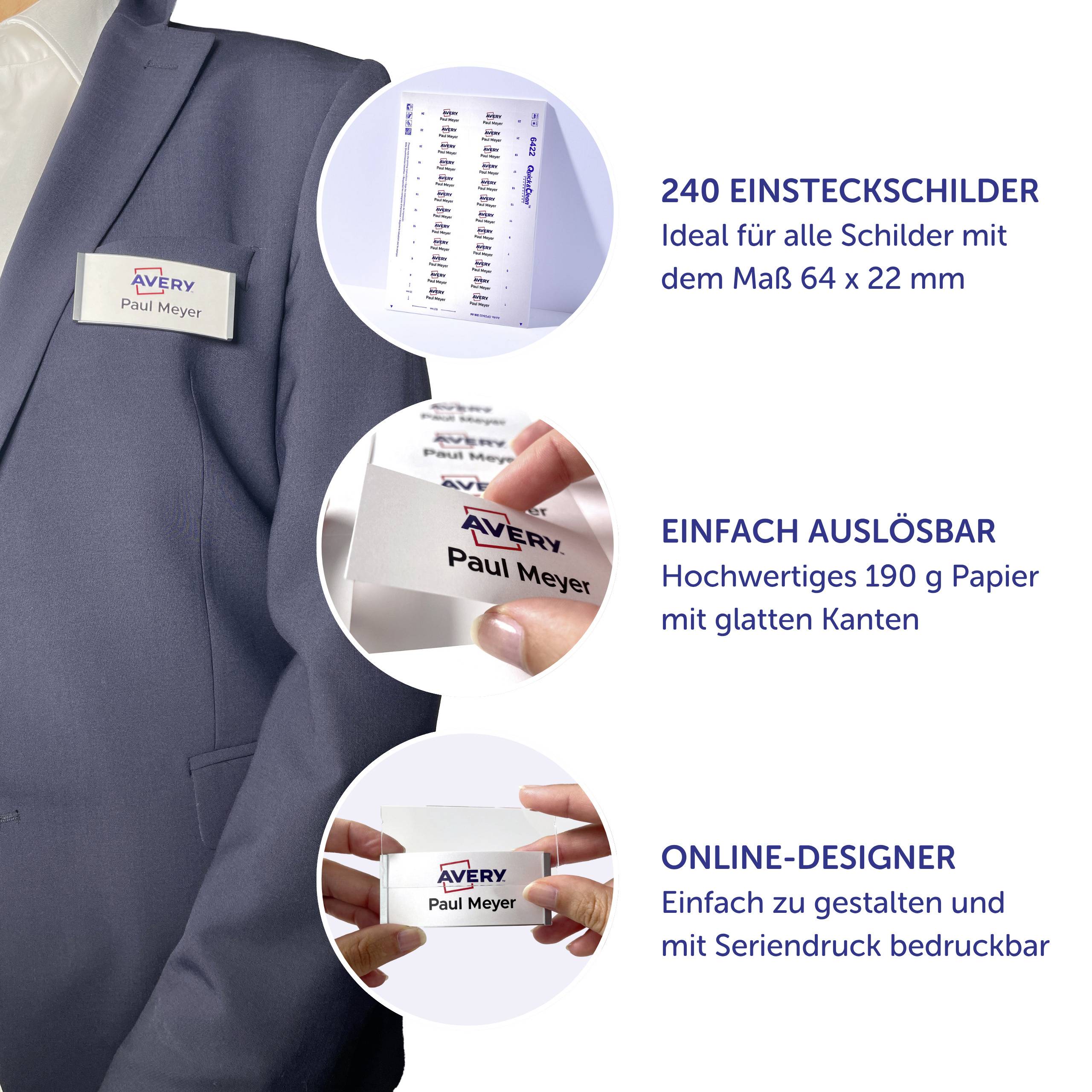 Avery-Zweckform DPC6422A-10 Einsteckschild Namensschild 64 mm x 22 mm Weiß