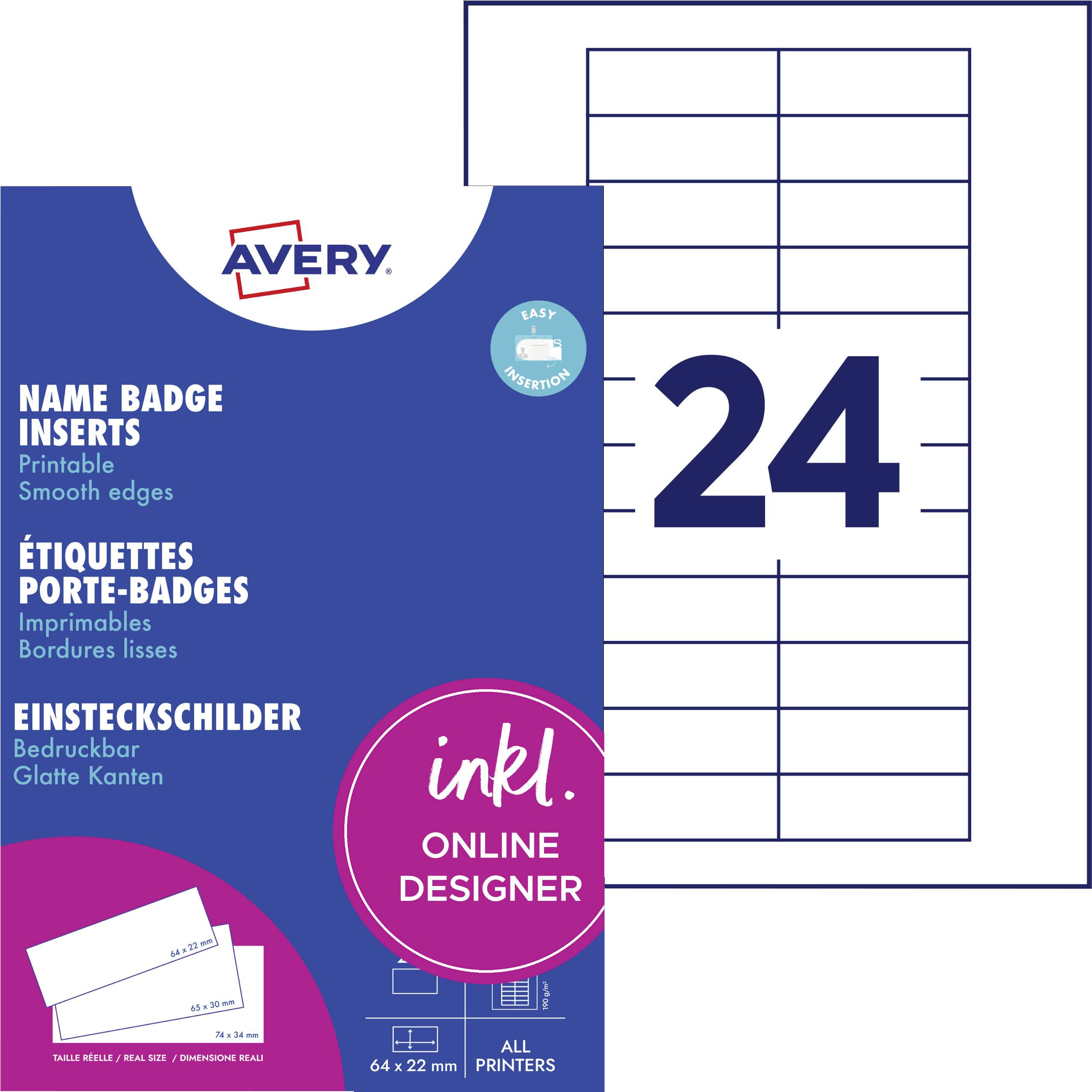 Avery Namensschildeinlagen für 24 Etiketten. Etiketten messen 64x22mm und sind mit allen Druckern kompatibel. Glatte Kanten.