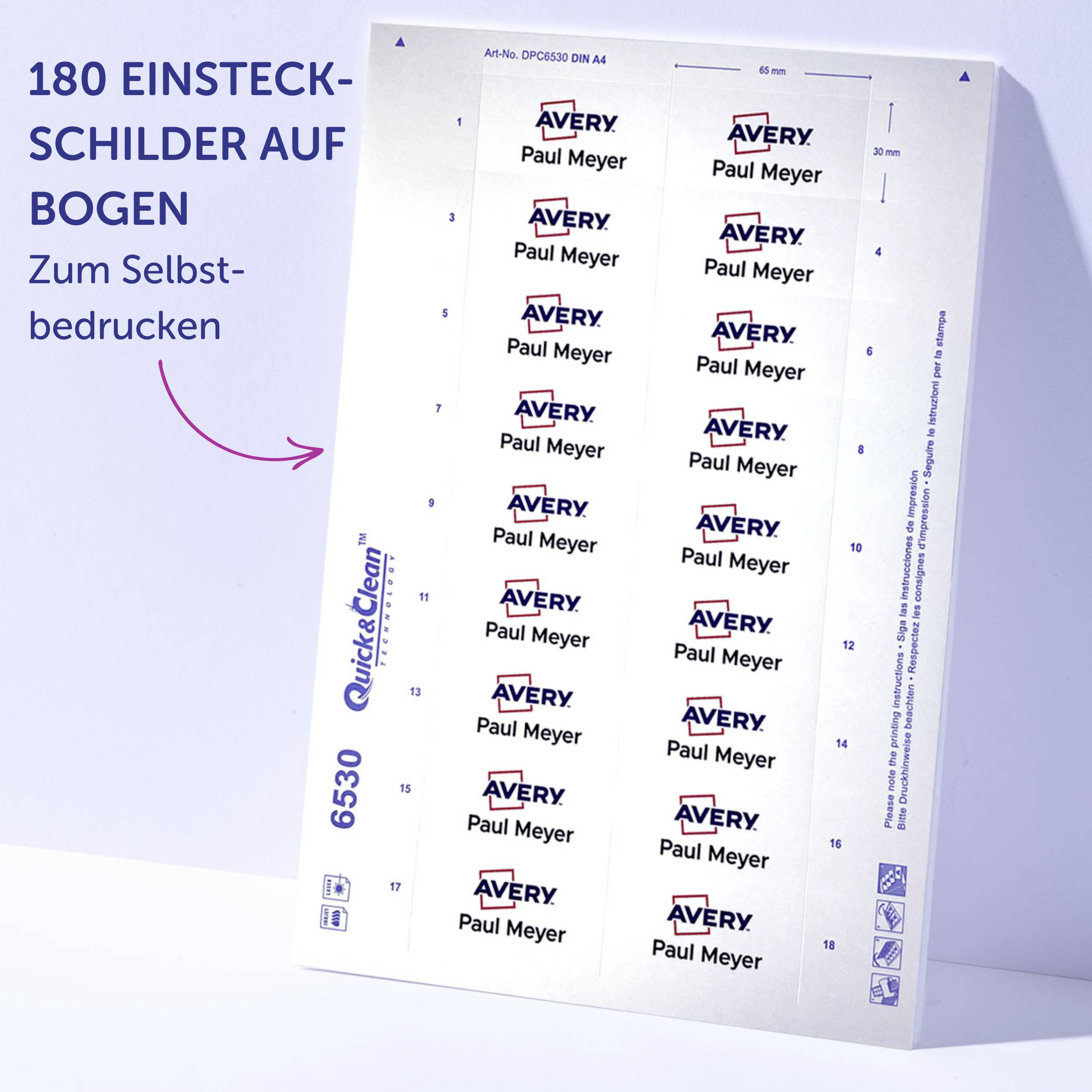 Avery-Zweckform DPC6530A-10 Einsteckschild Namensschild 65mm x 30mm Weiß