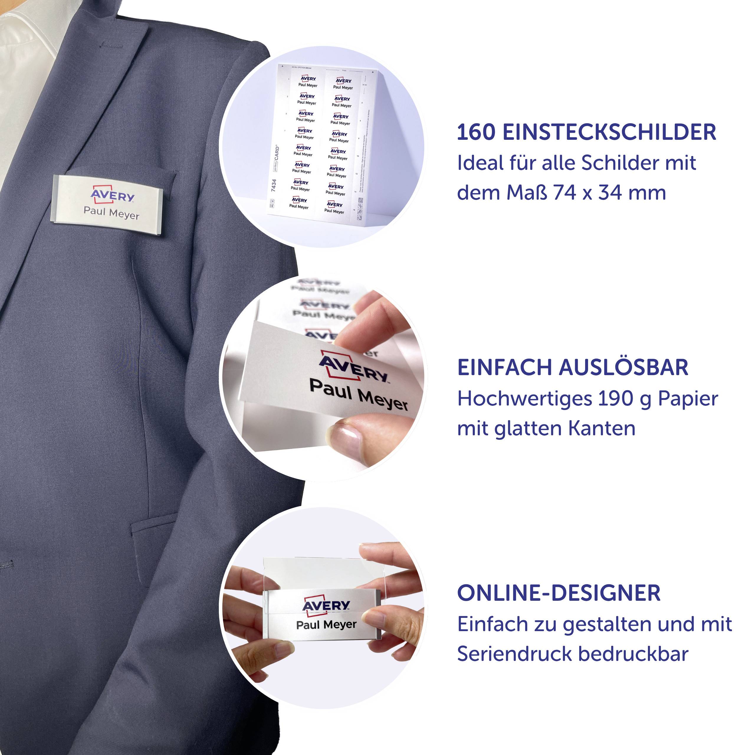 Avery-Zweckform DPC7434A-10 Einsteckschild Namensschild 74mm x 34mm Weiß