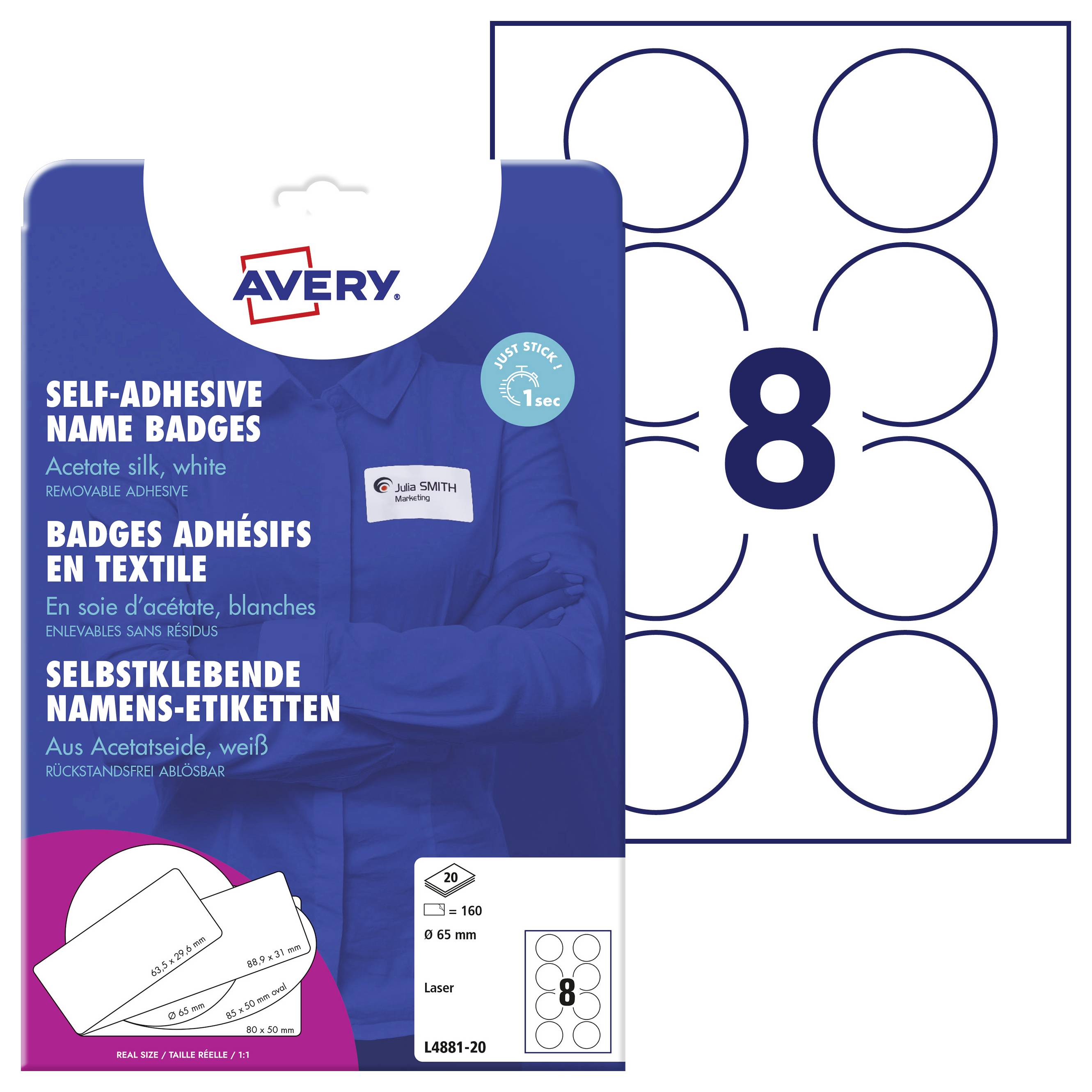 Selbstklebende weiße Namensschilder aus Acetatseide, 8 Schilder pro Bogen, für Laser-Drucker. Verpackung zeigt Anwendung der Schilder.