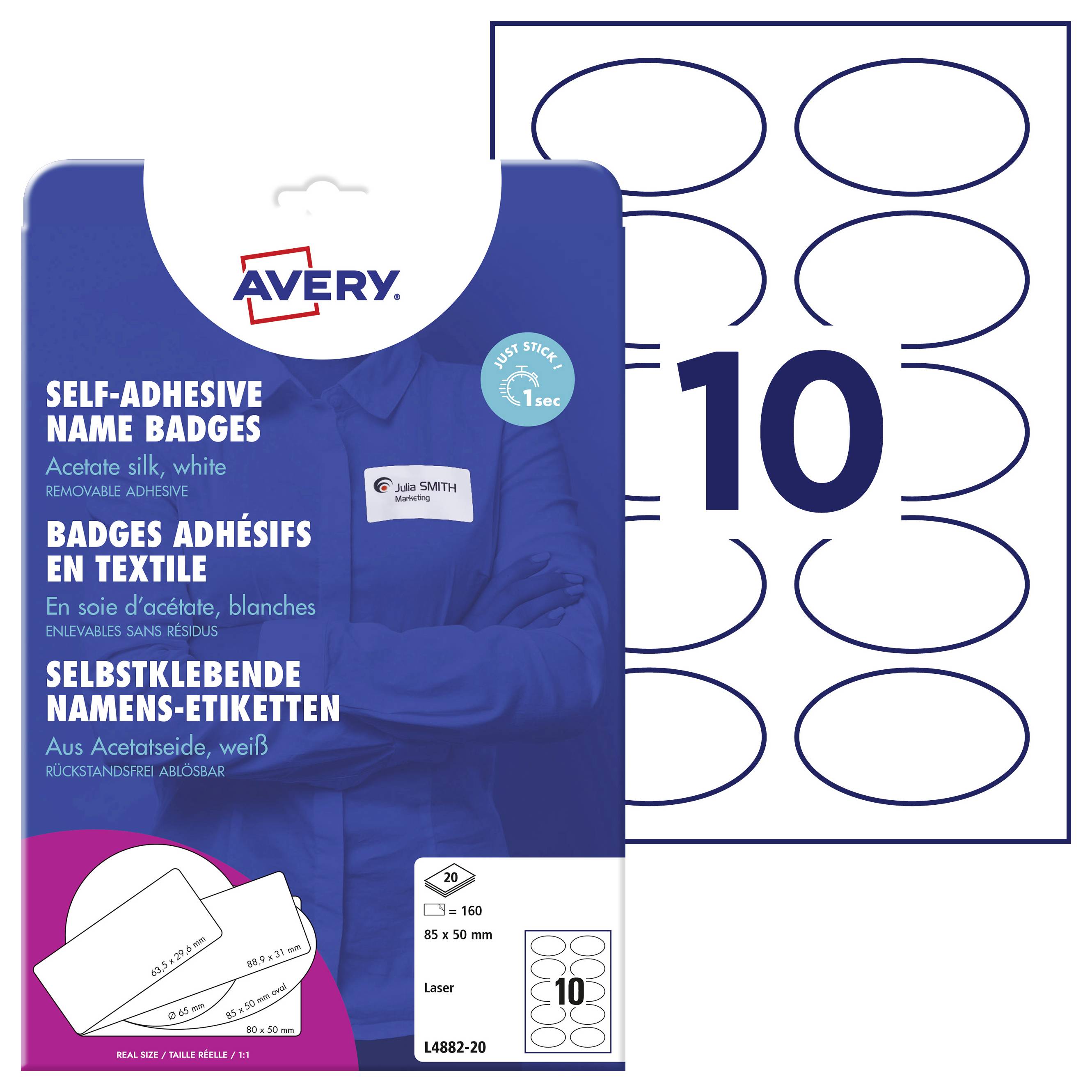 Selbstklebende Namens-Etiketten von Avery, weiß, für Textilien geeignet. Enthält 10 ovale Etiketten, ideal für Events und Konferenzen.