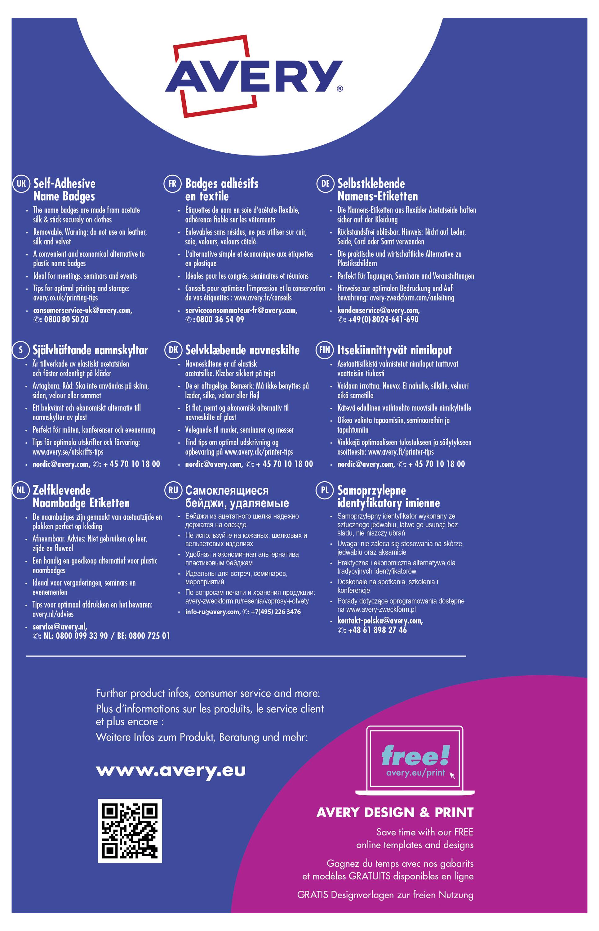 Flyer von Avery, der selbstklebende Namensschilder in verschiedenen Sprachen beschreibt. Enthält Kontaktinformationen und Webseite.
