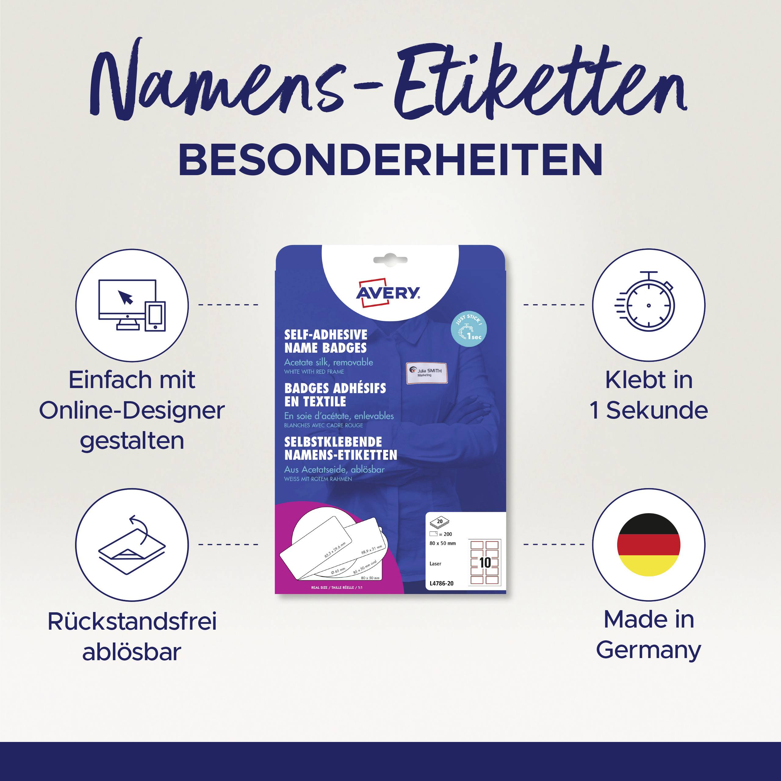 Namens-Etiketten Besonderheiten, mit Text 'Einfach mit Online-Designer gestalten', 'Rückstandsfrei ablösbar', 'Klebt in 1 Sekunde', 'Made in Germany'.