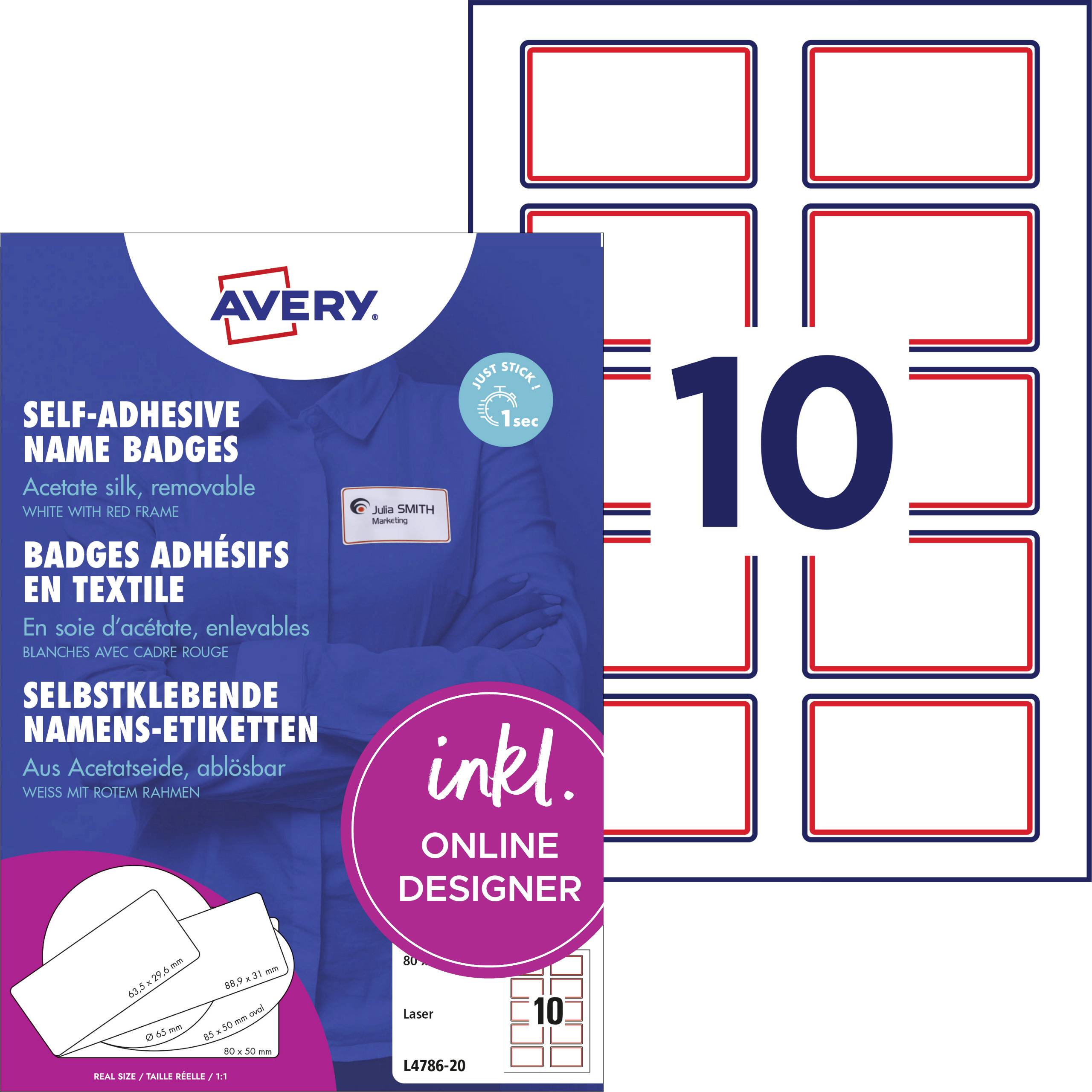 Das Bild zeigt eine Verpackung von Avery selbstklebenden Namensschildern mit einer Online-Designer-Funktion und einem Bogen mit 10 Abzeichen-Umrissen.