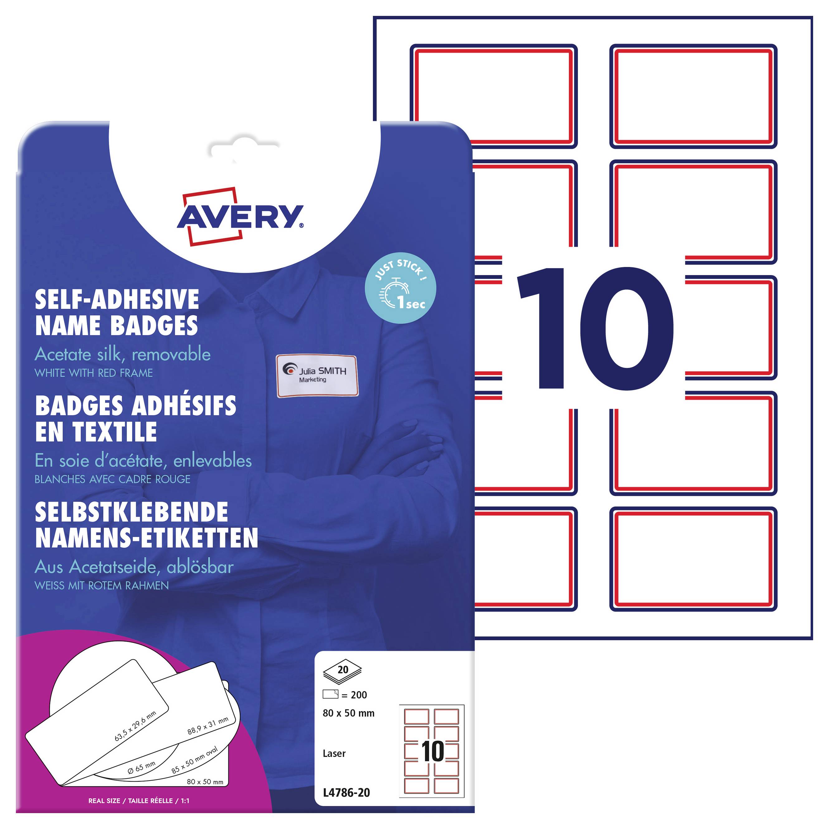 Selbstklebende Namens-Etiketten Avery. Format: 80 x 50 mm. Enthält 200 Etiketten, 20 Blatt. Für einen einfach abziehbaren Halt.