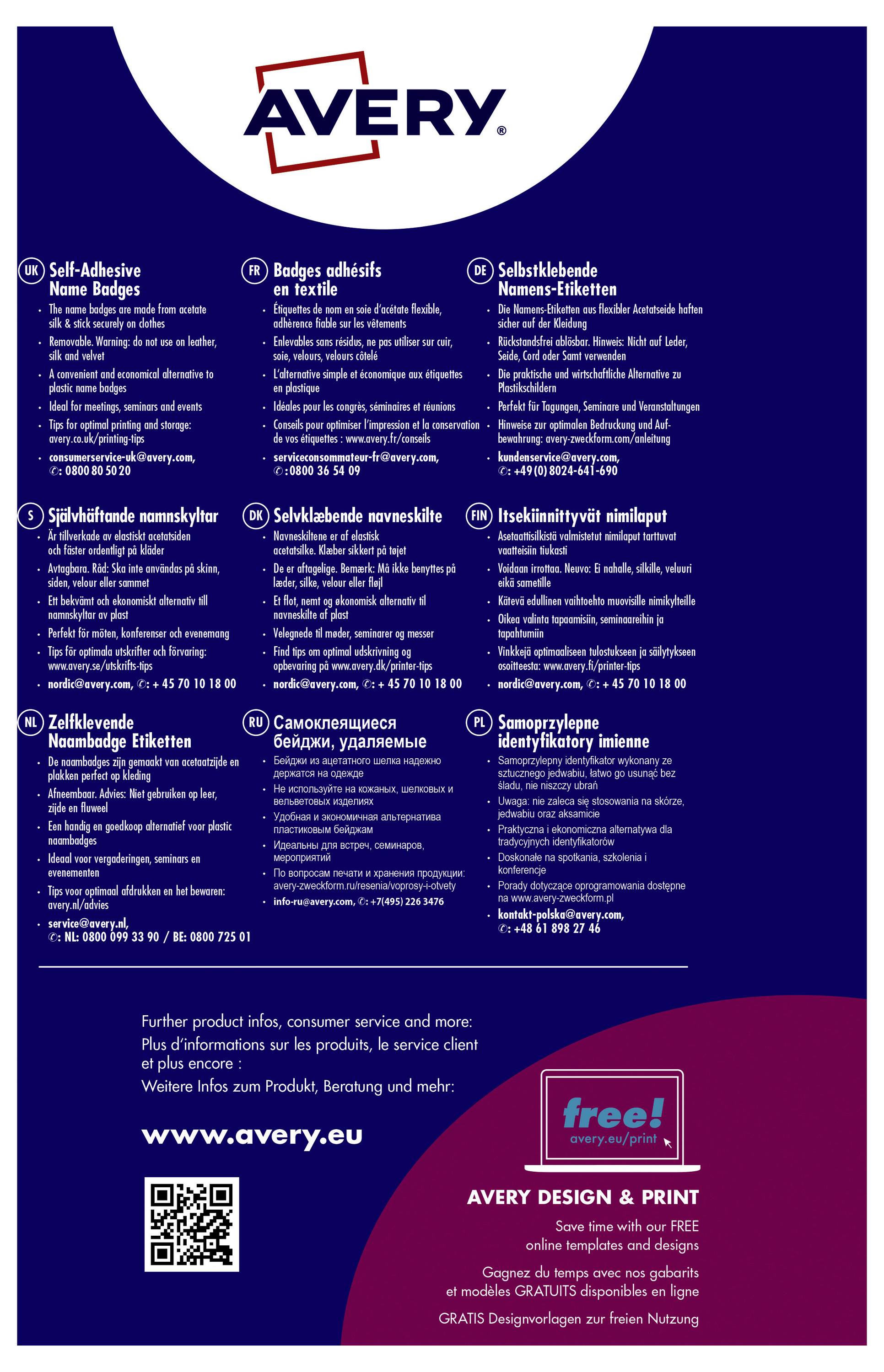 Plakat mit Informationen zu Avery-Produkten in mehreren Sprachen, darunter Selbstklebe-Namensschilder. Website: www.avery.eu