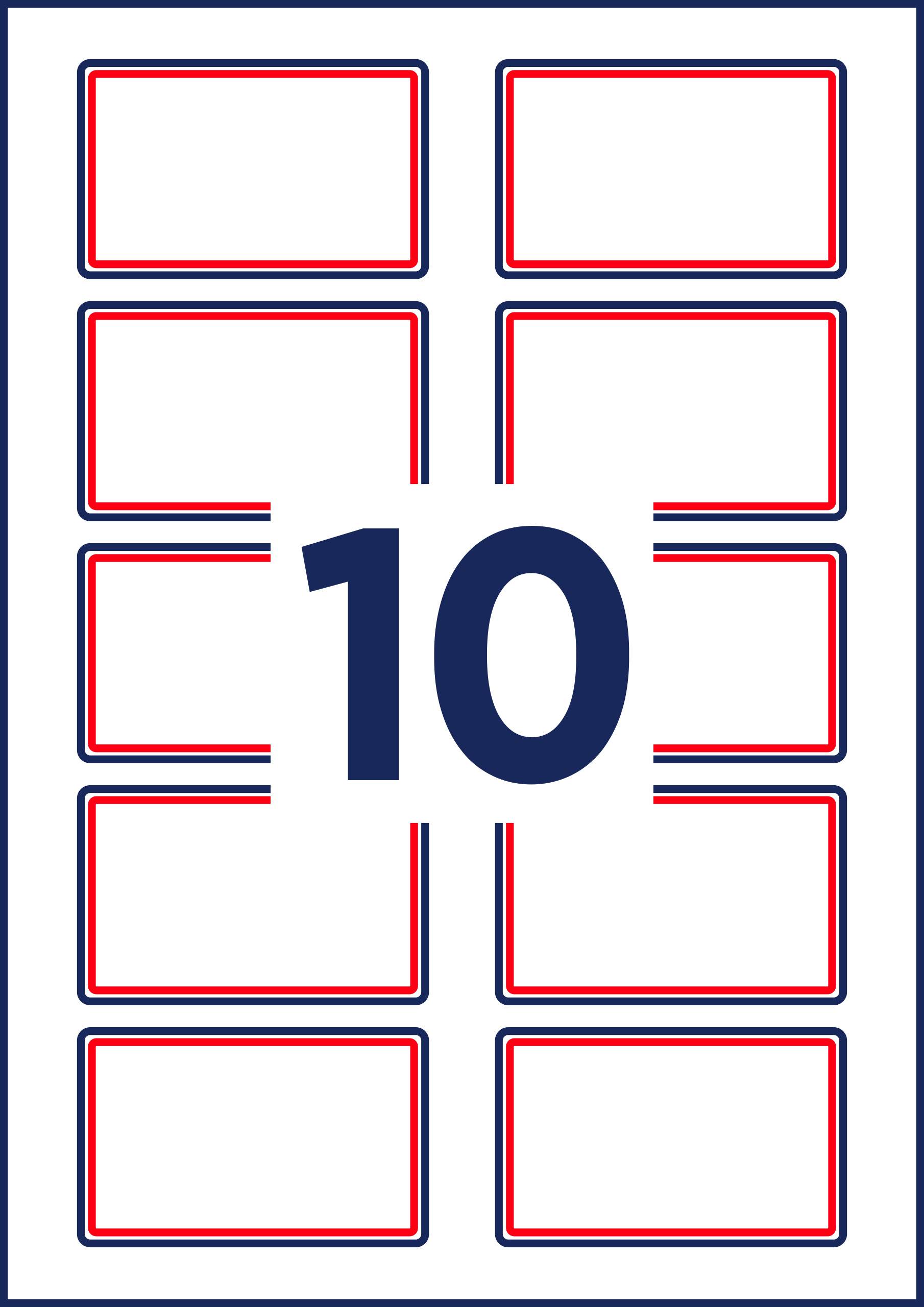 Das Bild zeigt eine weiße Karte mit einem großen, dunkelblauen '10' in der Mitte, umgeben von zehn rechteckigen, rot umrandeten Flächen.