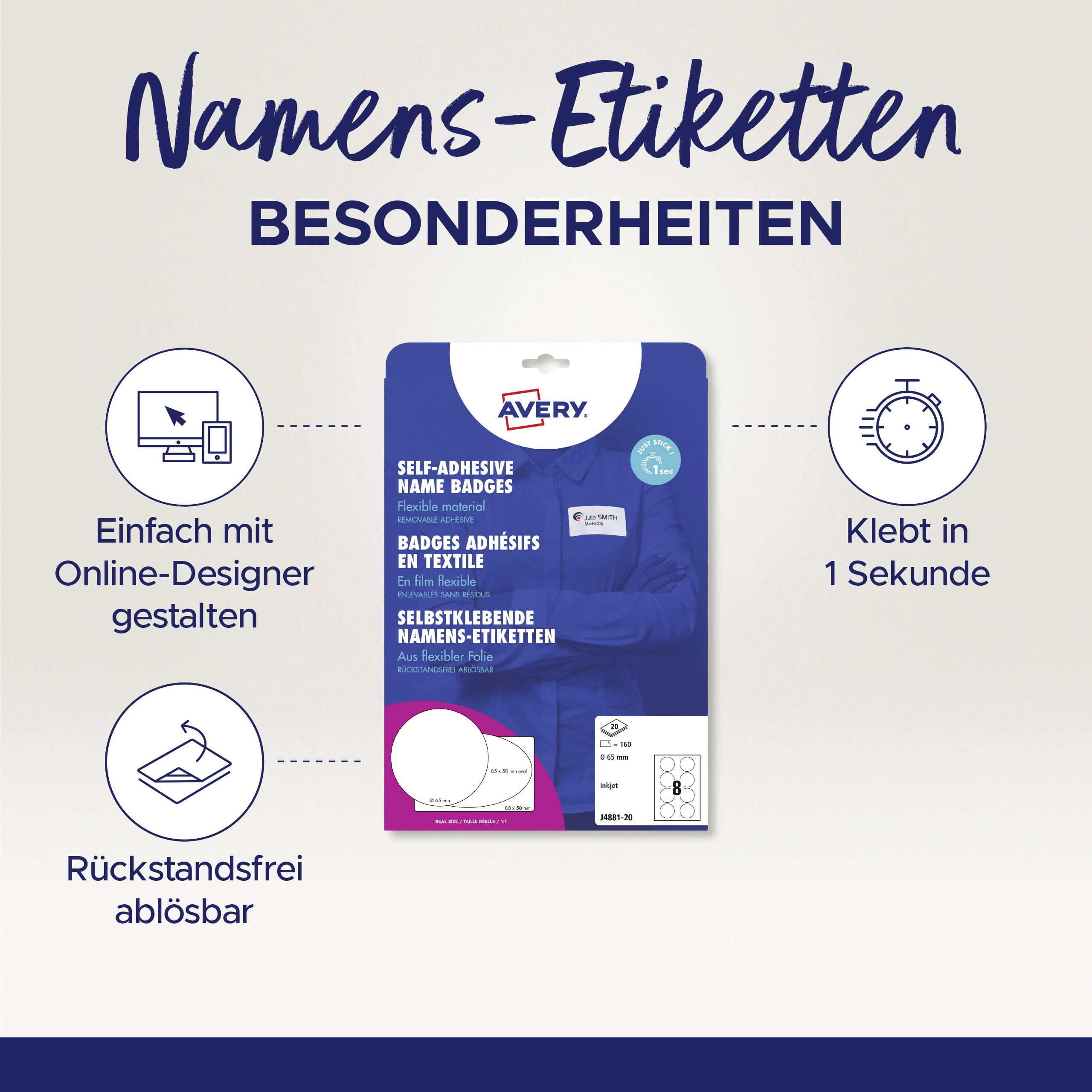 Namens-Etiketten: Einfach online gestalten, selbstklebend in 1 Sekunde, rückstandsfrei ablösbar.