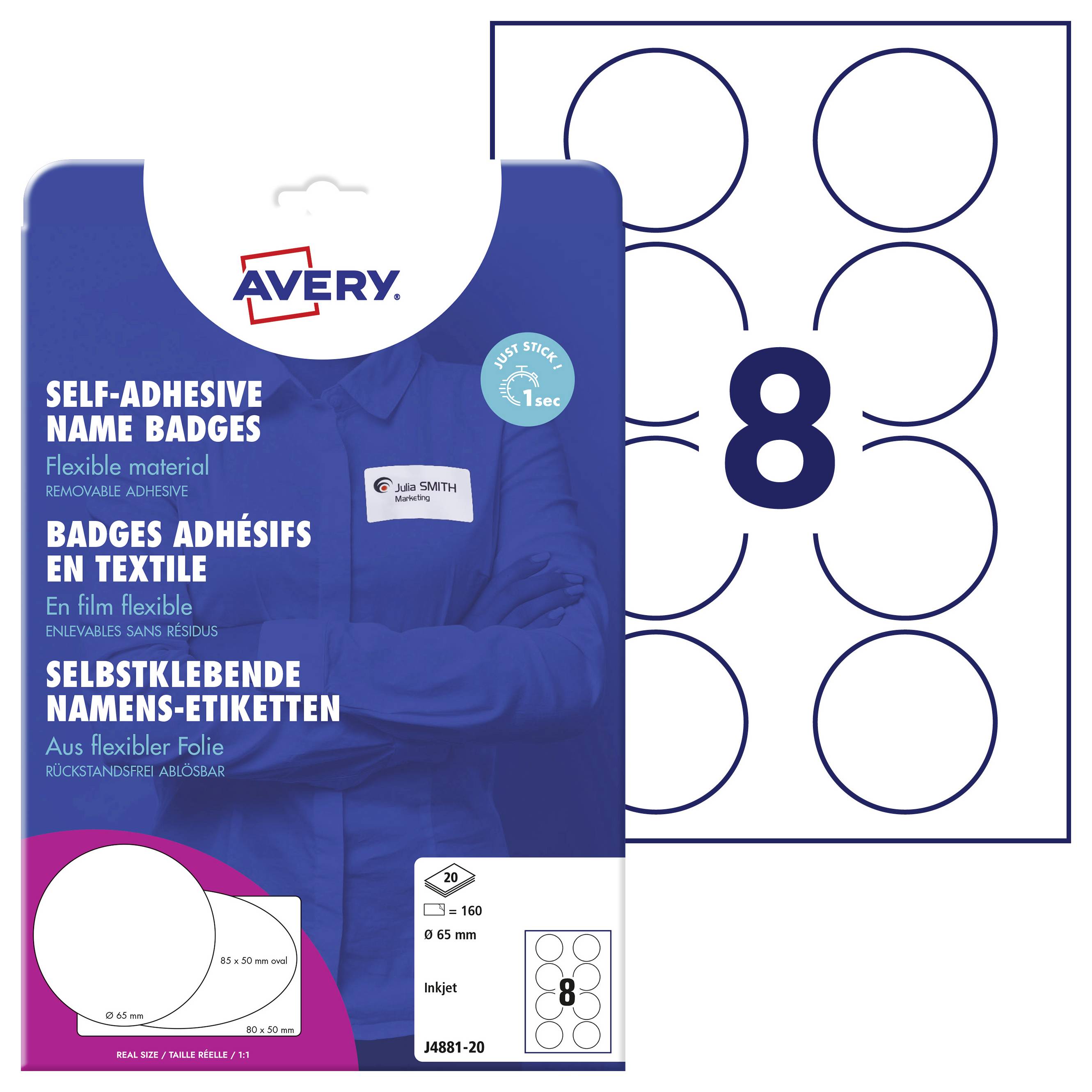 Packung mit selbstklebenden Namensetiketten, acht runde Etiketten auf einem Blatt. Geeignet für Textilien, in Englisch und Deutsch bedruckt.