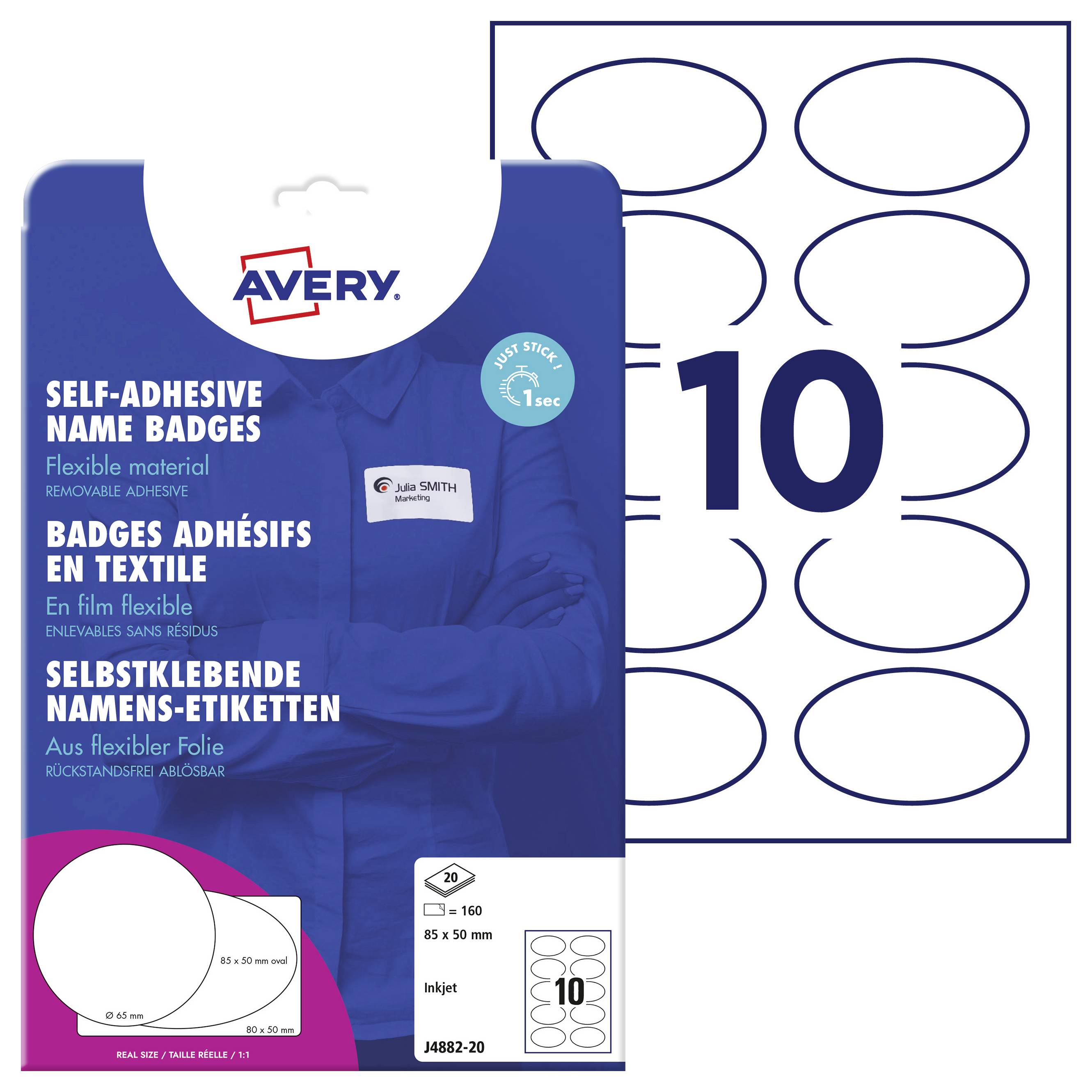 Selbstklebende Namens-Etiketten von Avery, flexibel und bedruckbar, 85 x 50 mm, 160 Stück, mit ovalem Design.