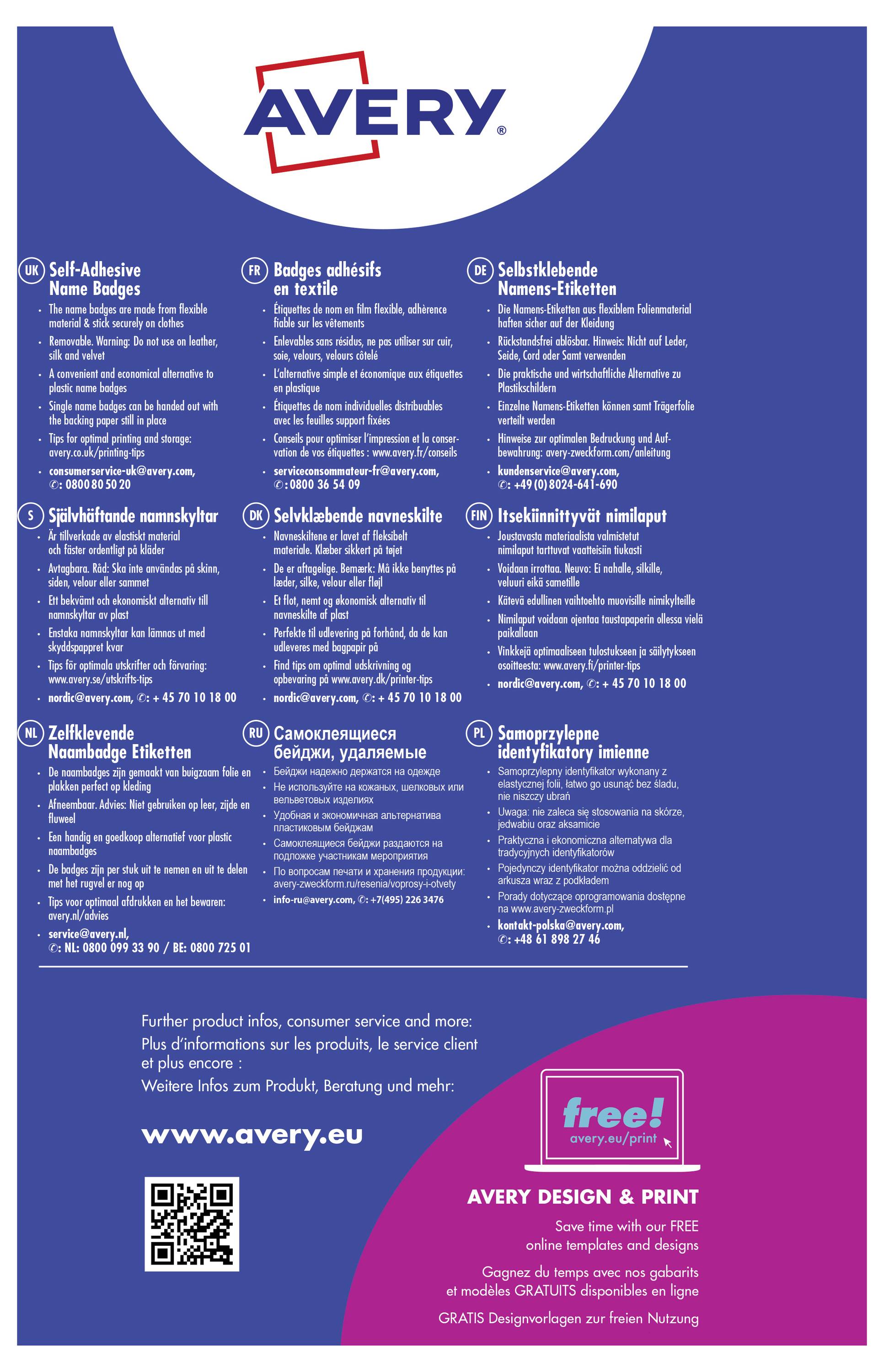 Eine Infografik zeigt acht Anleitungen in verschiedenen Sprachen zur Verwendung von selbstklebenden Namensschildern. Oben das Avery-Logo.