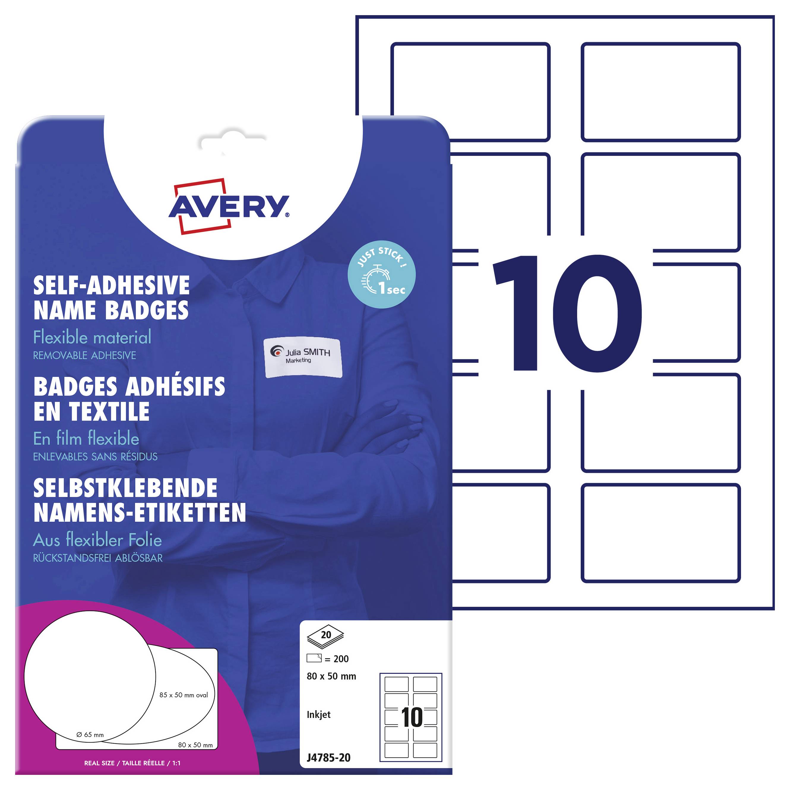 Ein Paket mit selbstklebenden Namensetiketten der Marke Avery. Enthält 200 Etiketten, 80 x 50 mm groß, auf flexibler Folie.