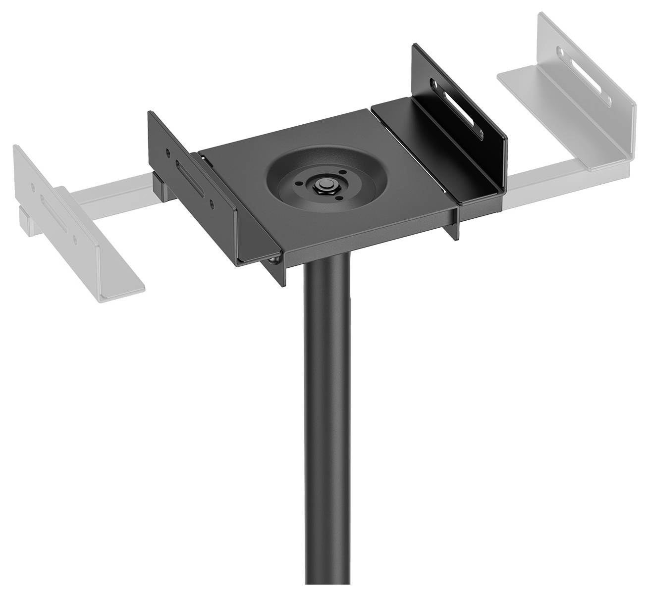 Metallischer TV-Deckenhalter mit verstellbaren Seitenarmen, zentraler Halterung und einem schwarzen, vertikalen Stab.