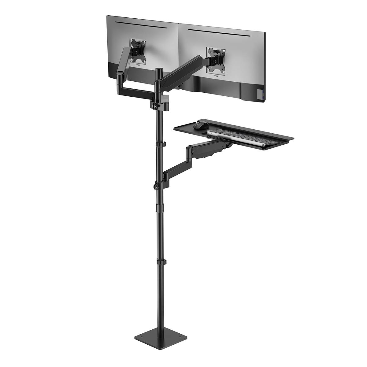 Zwei Monitore auf einem höhenverstellbaren, schwarzen Doppelarm-Schreibtischständer. Optimiert für ergonomisches Arbeiten.