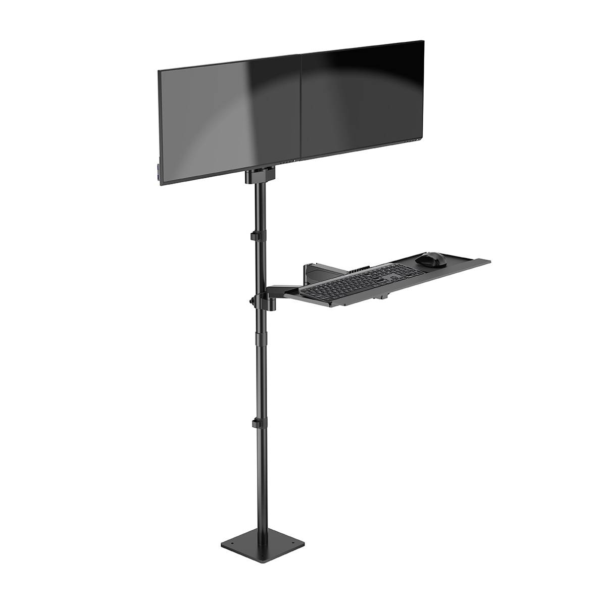 Stehpult mit zwei montierten Monitoren, Tastatur und Maus auf einem höhenverstellbaren Standfuß. Ideal für ergonomisches Arbeiten.