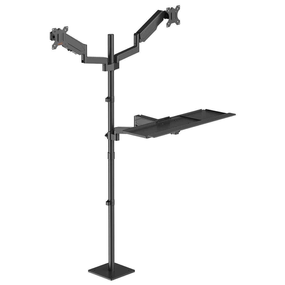 Monitorhalterung in Schwarz mit Dual-Armen zur Befestigung von zwei Bildschirmen, inklusive Ablagefläche. Ideal für Schreibtische.