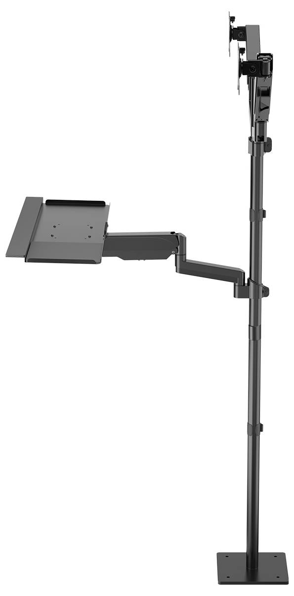 Ein schwarzer, höhenverstellbarer Monitor- und Laptopständer mit mehreren Gelenken und einer stabilen Basis. Ideal für ergonomisches Arbeiten.