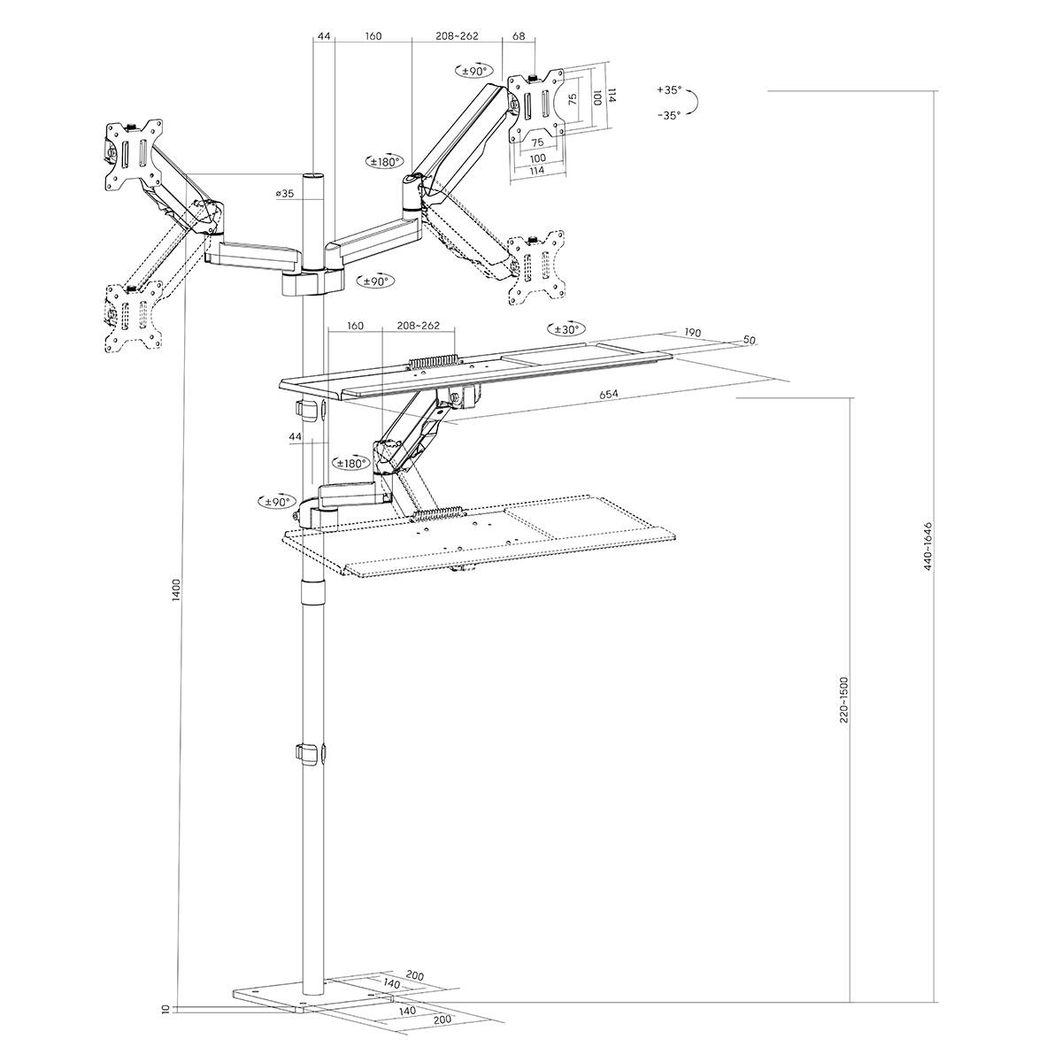 Detaillierte technische Zeichnung eines verstellbaren Monitorarms mit zwei Halterungen. Bemaßungen und Neigungswinkel angegeben.