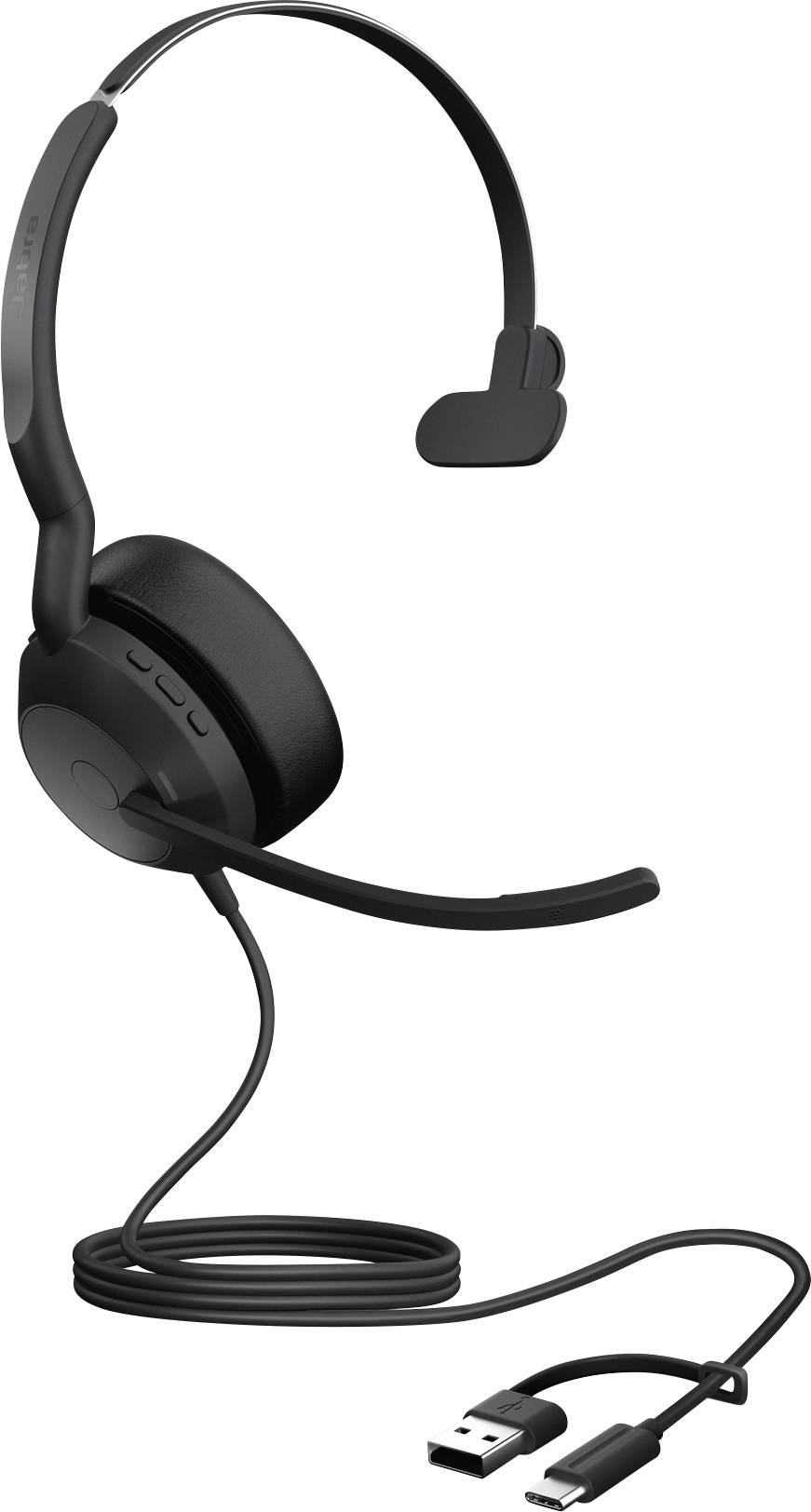 Schwarzes USB-Headset mit Mikrofon, geeignet für Telefonanrufe und Videokonferenzen, zeigt ein Ohrpolster und Kabelanschluss.