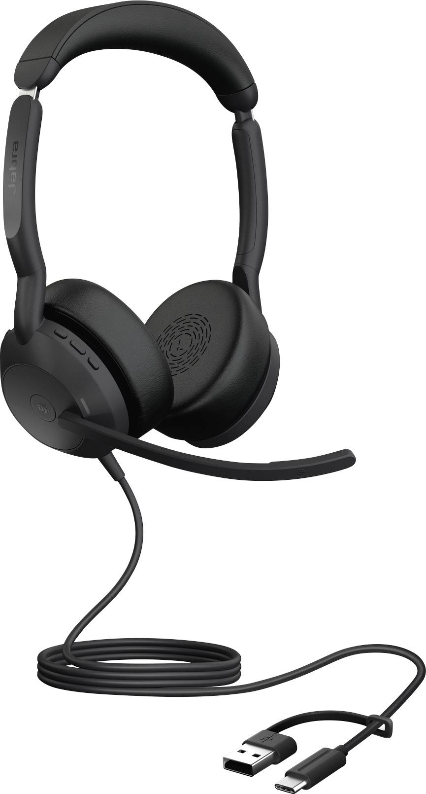 Ein schwarzes Headset mit Mikrofon, verbunden über ein Kabel mit USB- und USB-C-Anschlüssen, geeignet für Computer und mobile Geräte.