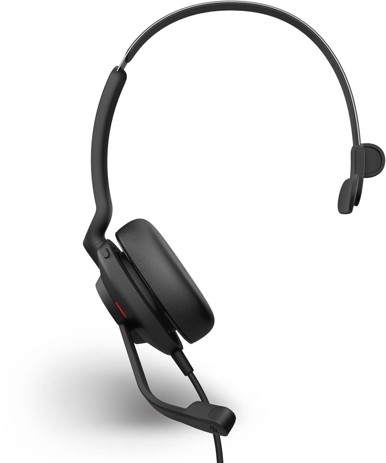 Ein schwarzes, kabelgebundenes On-Ear-Headset mit Mikrofon. Es hat ein dünnes Kopfband und einen beweglichen Mikrofonarm, geeignet für Büroanrufe.