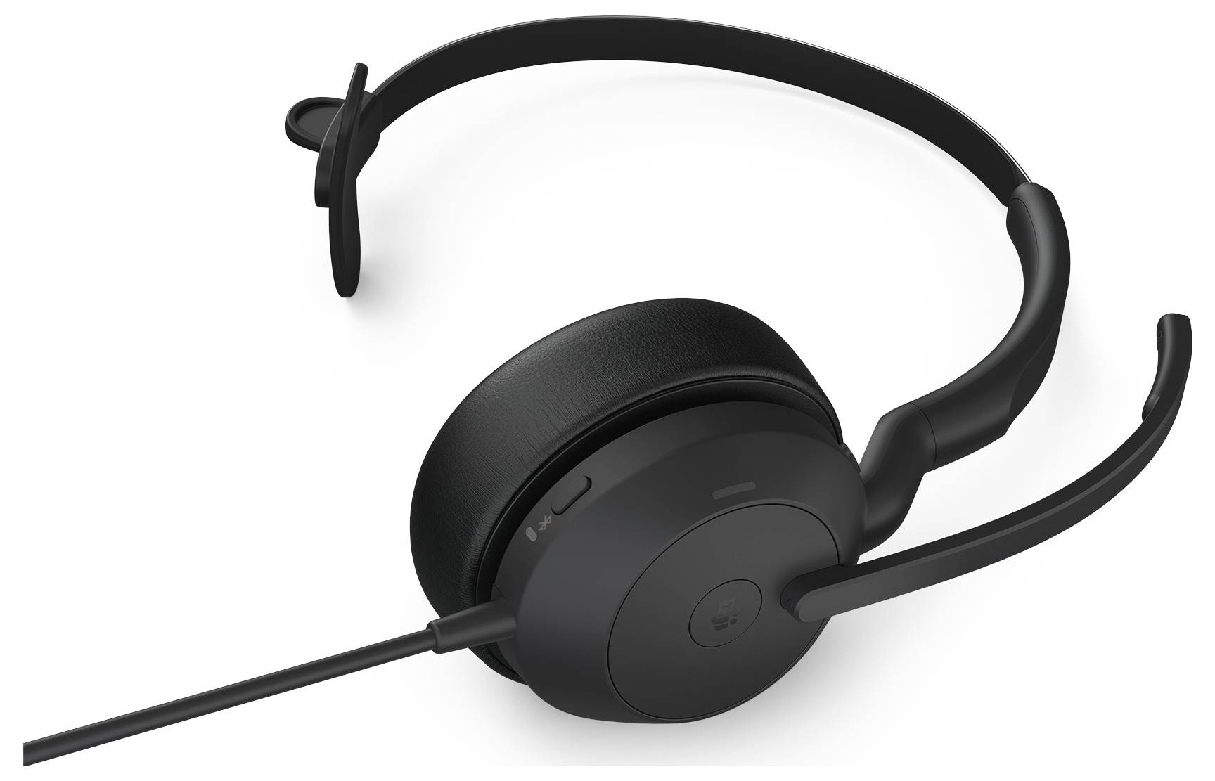 Schwarzes kabelgebundenes Headset mit Mikrofon, ideal für Anrufe oder Online-Meetings. Linksseitiger Ohrhörer und verstellbarer Bügel.