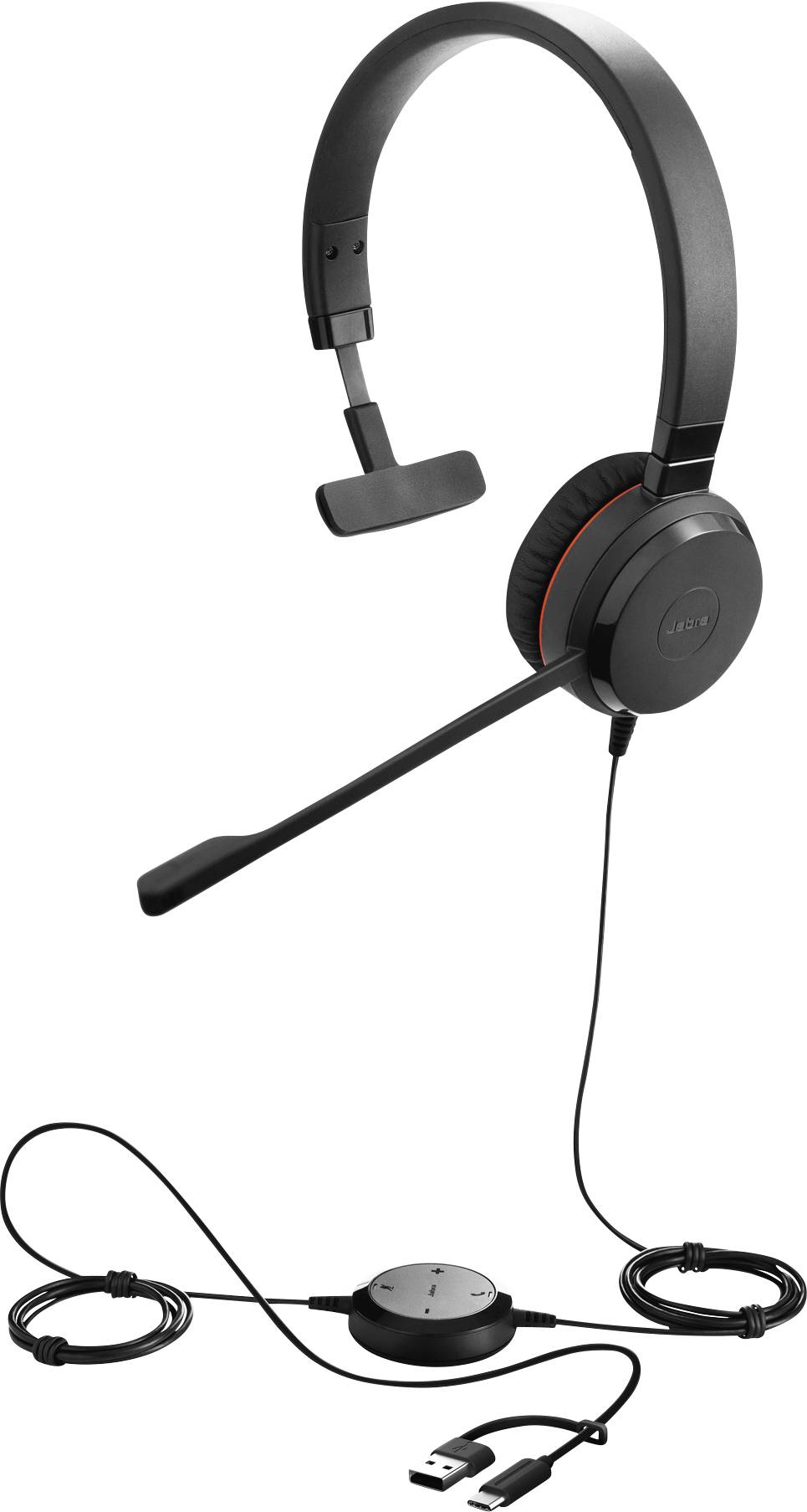 Kabelgebundenes schwarzes Headset mit Mikrofon, USB-Anschluss und Steuerungseinheit auf dem Kabel.