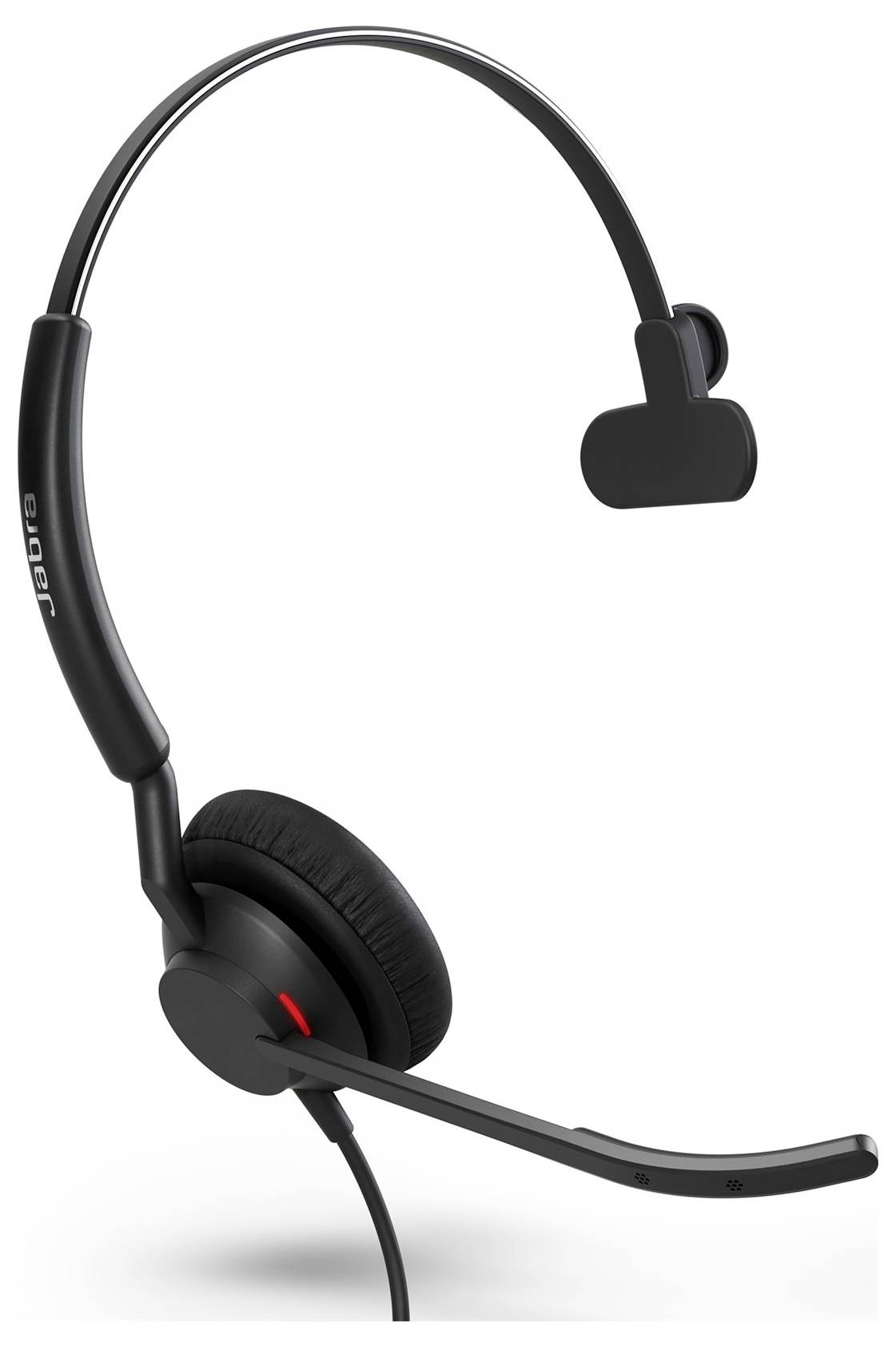 Ein schwarzes, einseitiges Headset mit einem Mikrofonarm und Polsterung am Ohrstück. Designed für professionelle Kommunikation.
