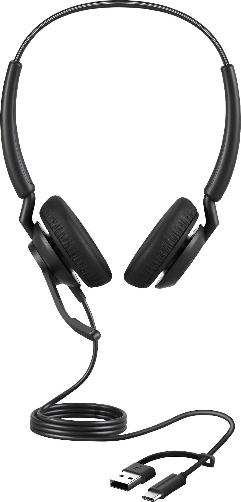 Schwarzes USB-Headset mit gepolsterten Ohrmuscheln und verstellbarem Mikrofon; geeignet für Computer- und Telefonanwendungen.