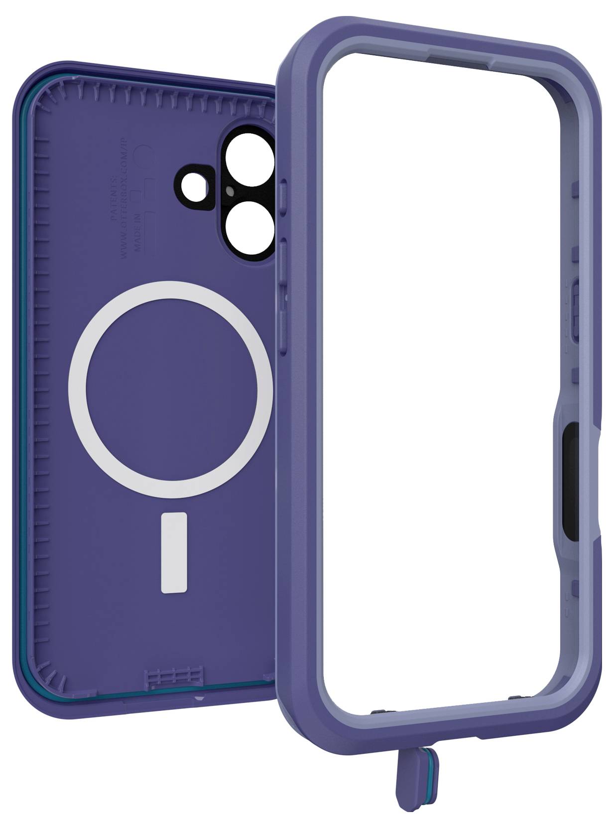 Robustes, lila Smartphone-Gehäuse mit magnetischem Kreis auf der Rückseite und Aussparungen für Kamera und Tasten.