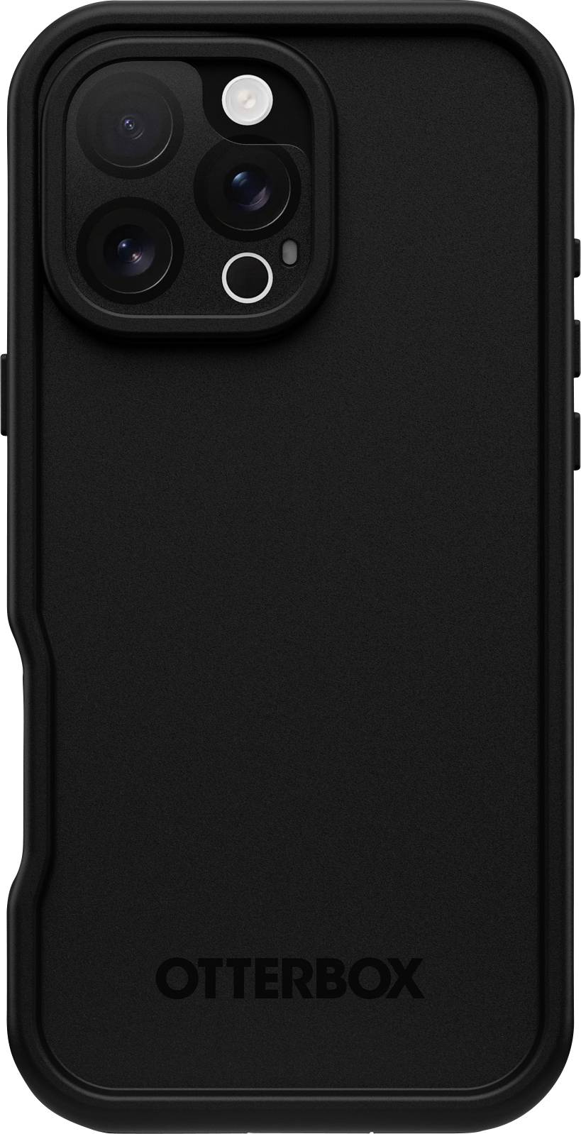 Schwarzes Smartphone in einer robusten Otterbox-Hülle. Deutlich sichtbare Kameraobjektive und Blitz.