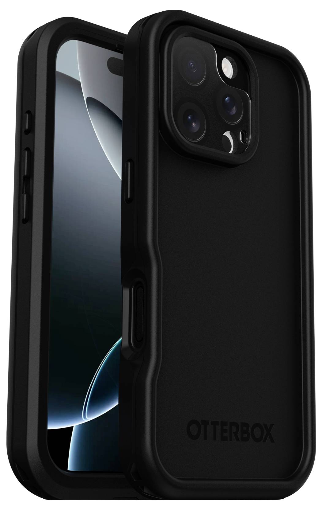 Schwarzes OtterBox-Handyetui mit einem Handy, auf dem ein abstraktes blau-schwarzes Bild zu sehen ist. Klare Linseöffnung, seitliche Knöpfe.