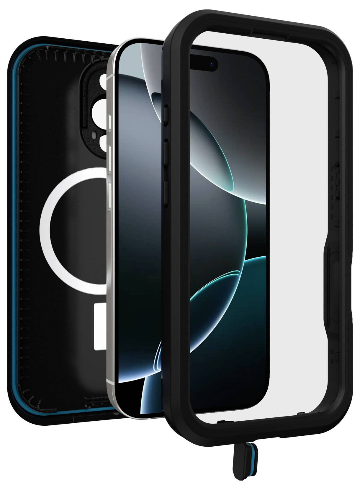 Smartphone in robustem Schutzgehäuse, geöffnet, um das Design zu zeigen. Schutzhülle mit verstärktem Rand und transparentem Bildschirm.