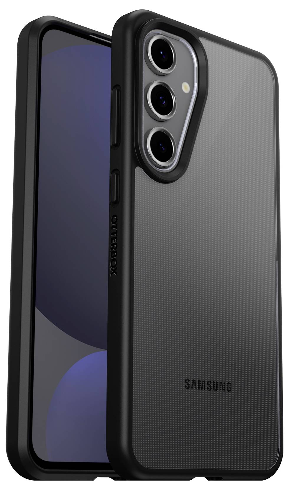 Smartphone mit schwarzem Gehäuse und drei Kameralinsen auf der Rückseite, mit dem Markennamen unten sichtbar.