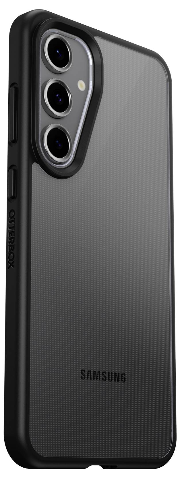 Rückansicht eines schwarzen Samsung-Smartphones in einer robusten Schutzhülle mit drei Kameralinsen. Markierung 'OtterBox' auf der Seite.