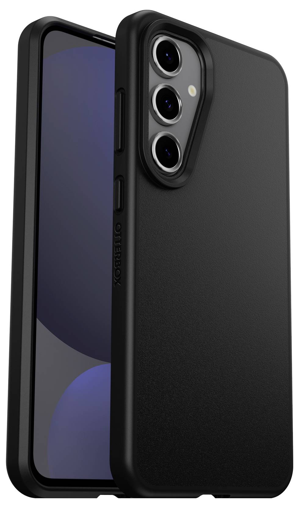 Schwarzes Smartphone mit doppelter Kamera und leicht gewölbtem Bildschirm. Das Gehäuse scheint robust und schützend.