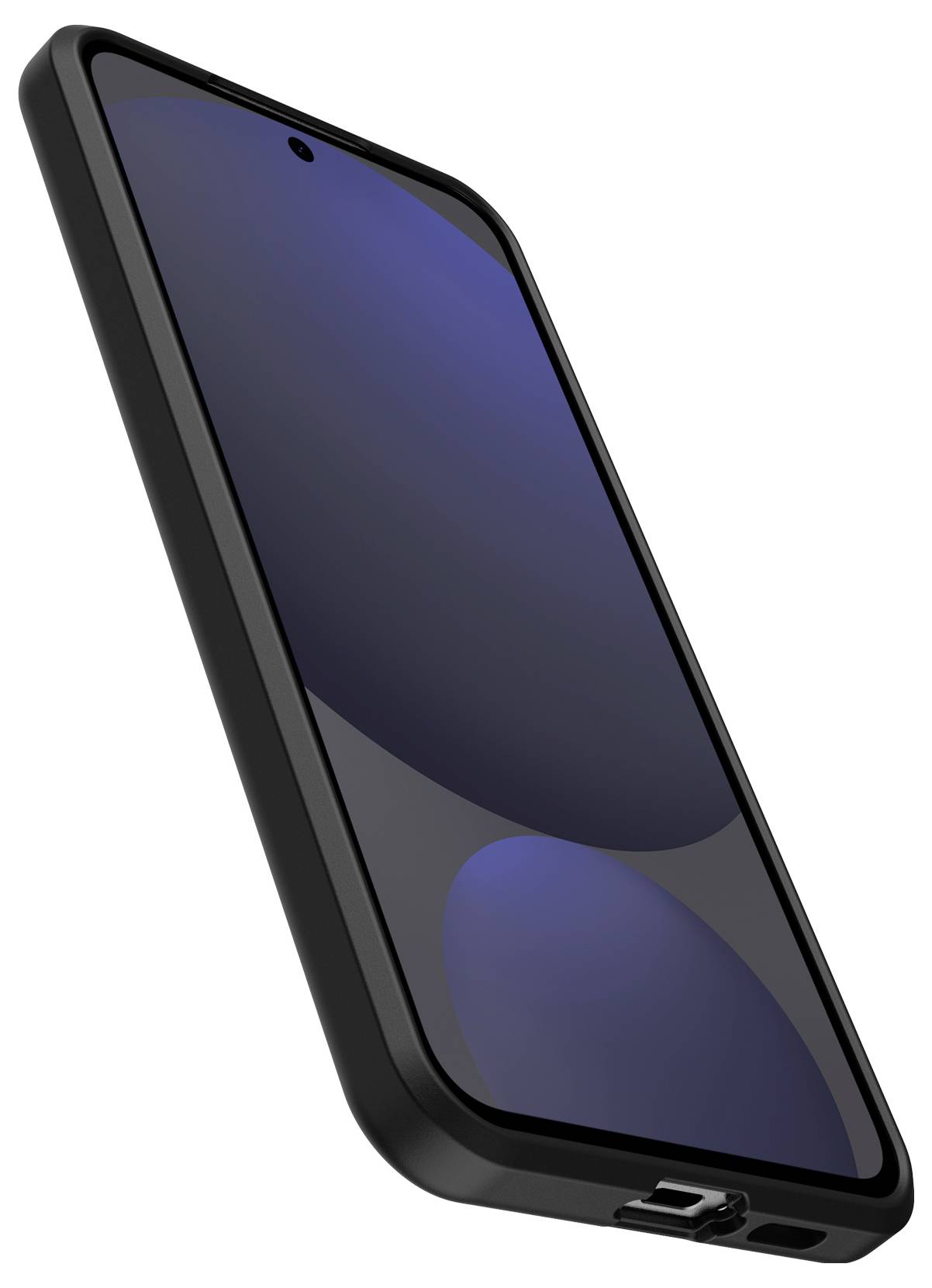 Smartphone mit schwarzem Gehäuse und dunklem Bildschirm, leicht schräg von der Seite fotografiert.