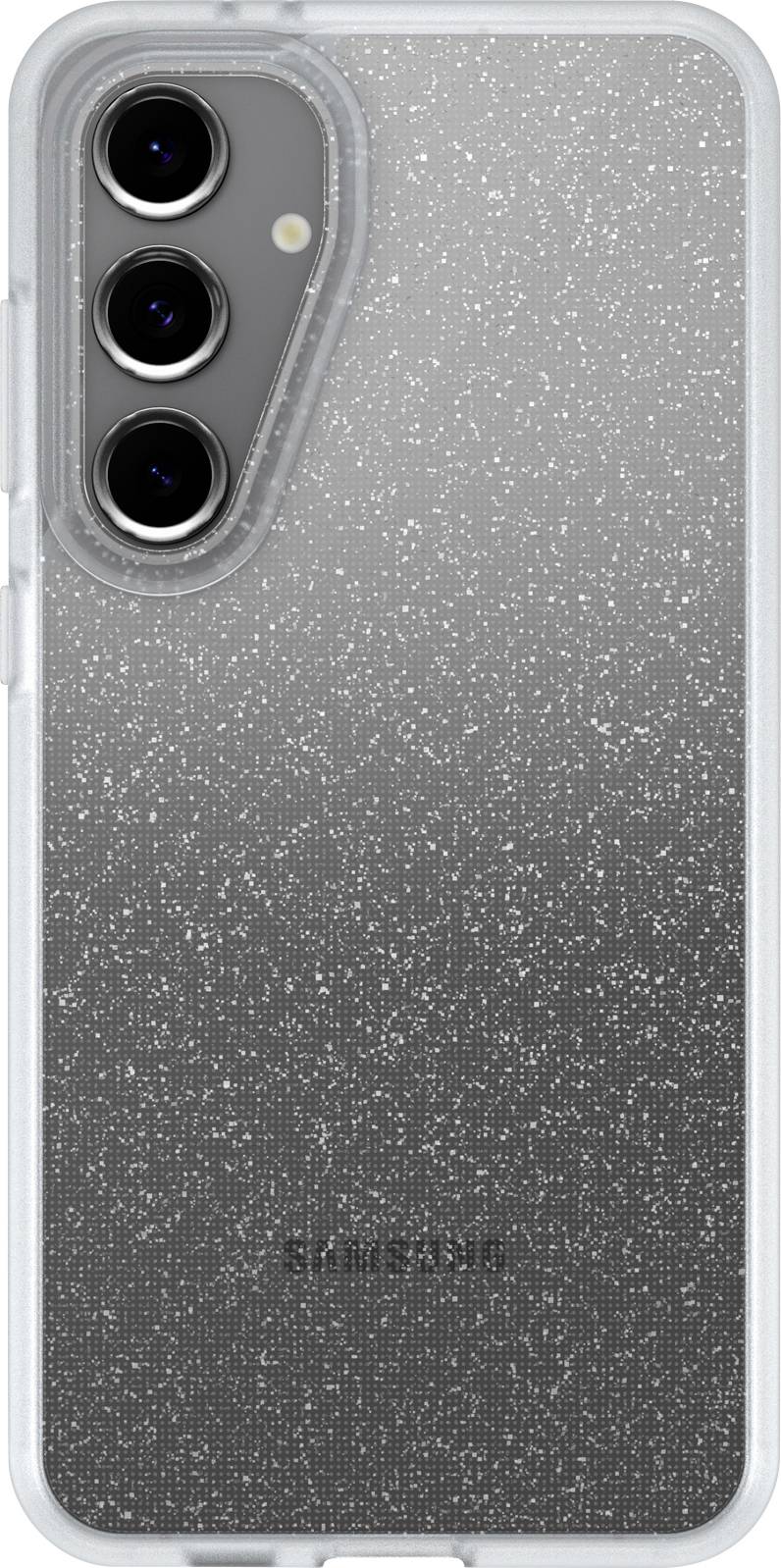 Ein Smartphone mit einer funkelnden Rückseite im Glitzer-Look und einer transparenten Hülle. Drei Kameralinsen sind sichtbar.