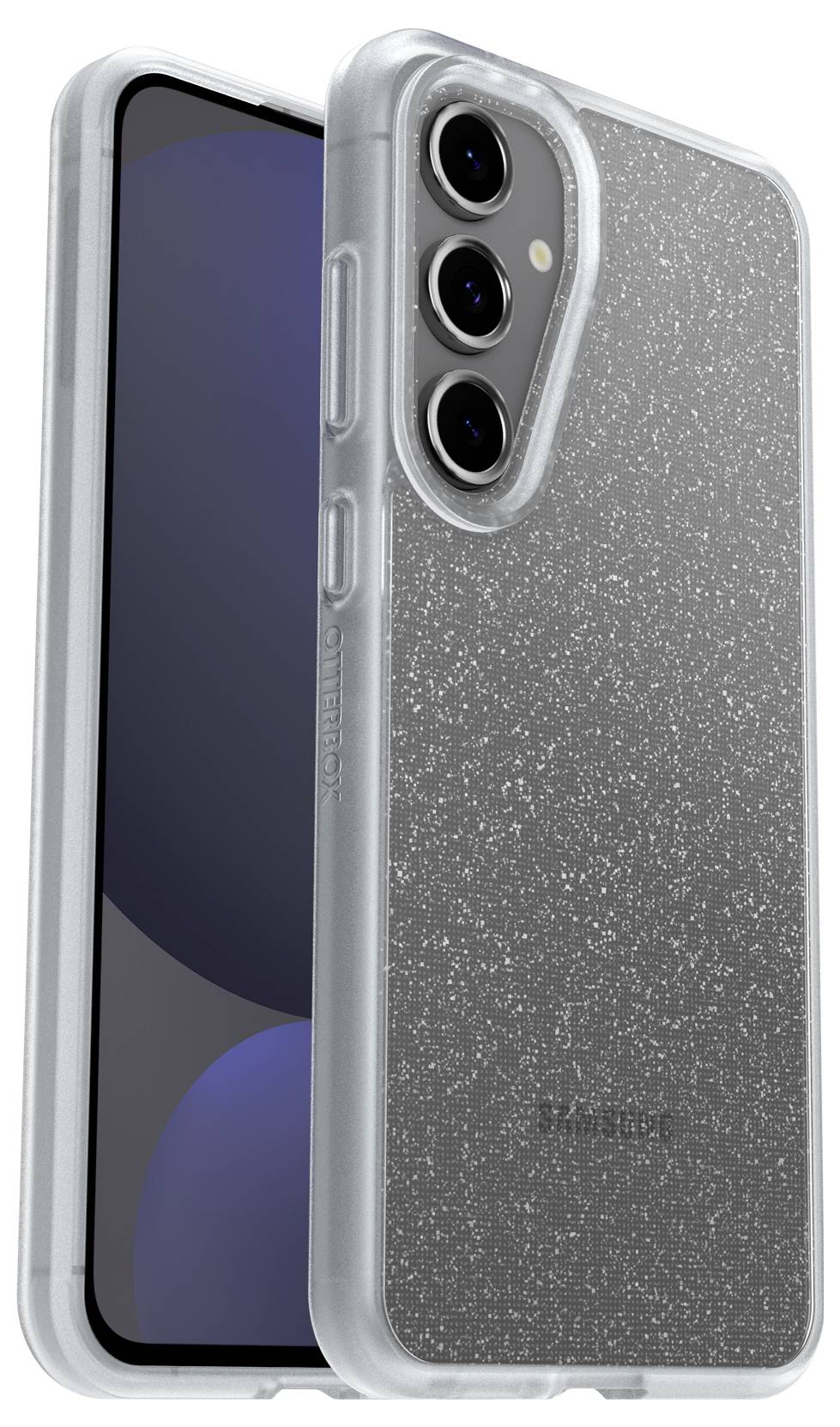 Ein Smartphone mit einem glitzernden, durchsichtigen Case, das die Rückseite schützt. Drei Kameraobjektive sind sichtbar.