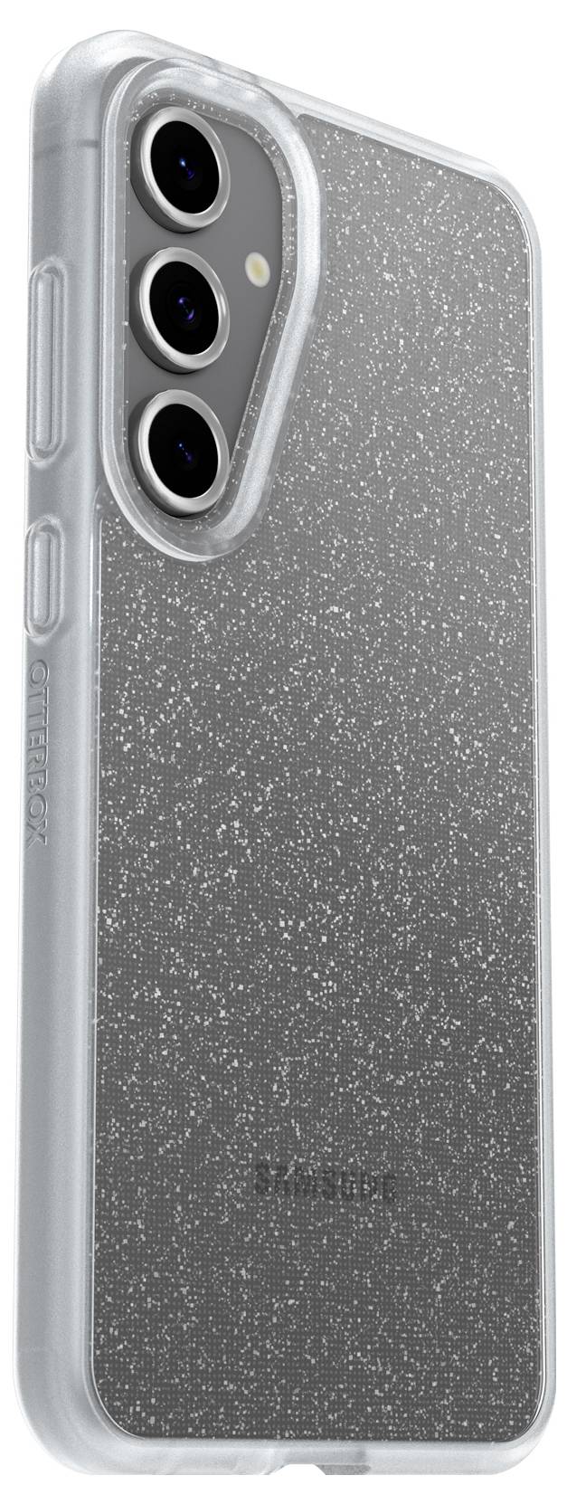 Smartphone mit transparent glitzernder Hülle, zeigt drei Kameraobjektive.