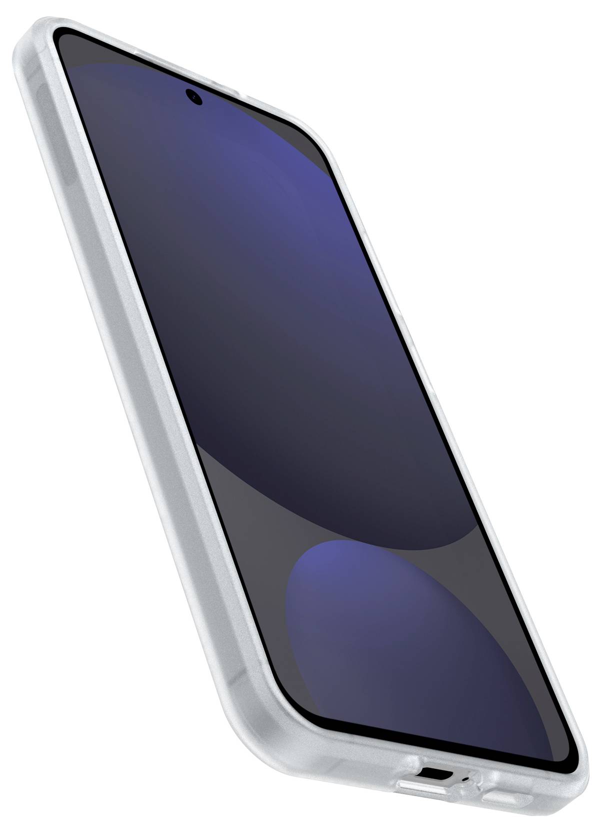 Ein schräg gehaltenes Smartphone mit blauem Display und hellgrauer Schutzhülle.