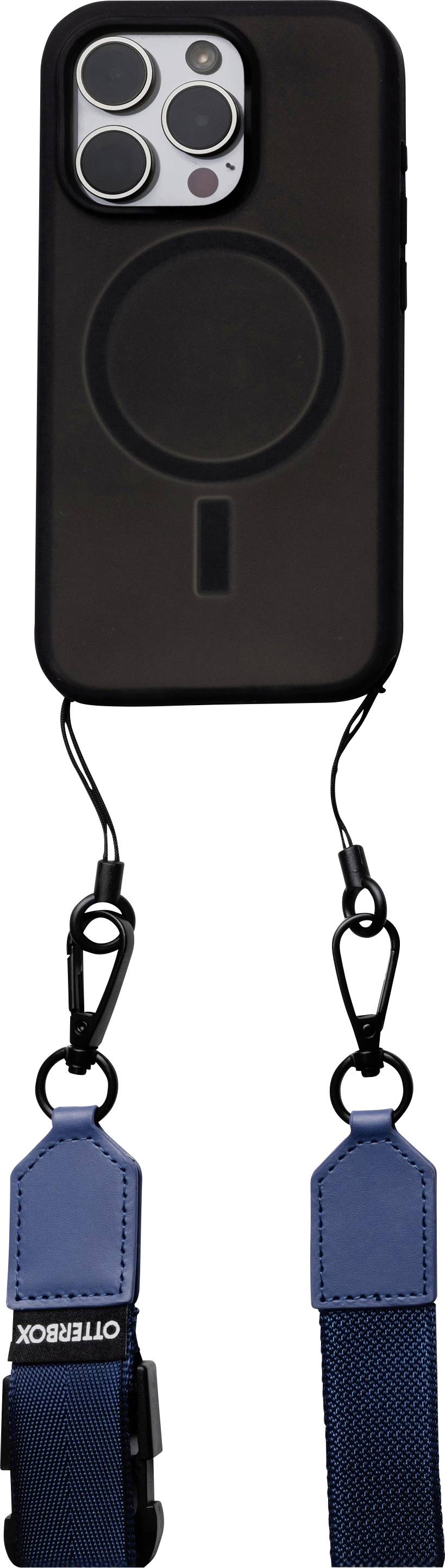 Ein Smartphone mit schwarzer Hülle und blauer Trageschlaufe. Die Rückseite zeigt eine runde Ladefläche und drei Kameralinsen.