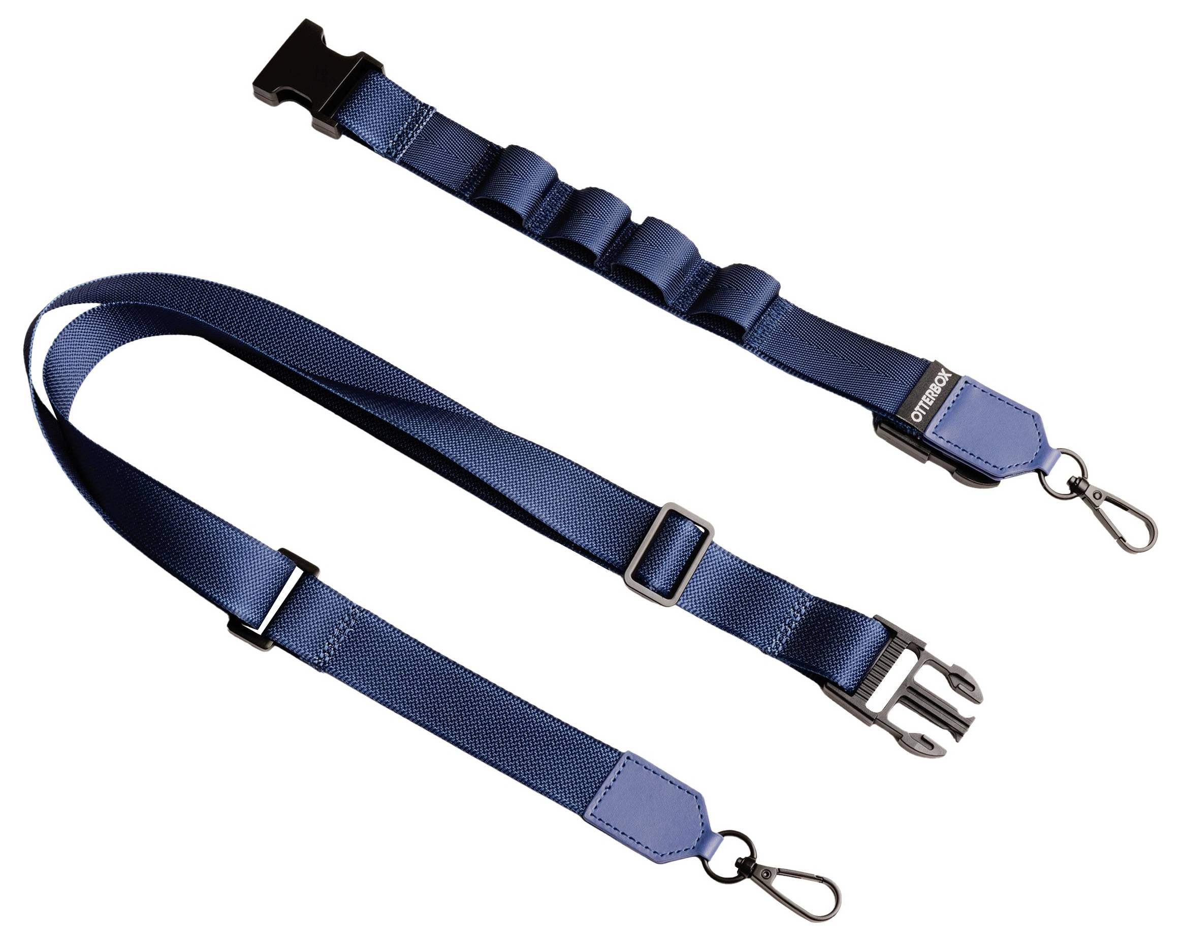 Ein blaues, längenverstellbares Gepäckband mit Schnallen und Karabinerhaken, ideal zur Sicherung oder Befestigung von Gepäckstücken.