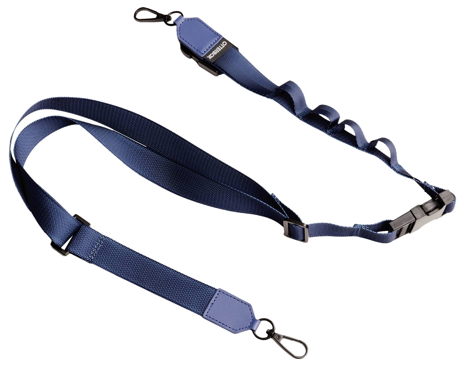 Ein blauer, verstellbarer Schultergurt mit zwei Karabinerhaken an den Enden, geeignet zur Befestigung an Taschen oder Kameras.