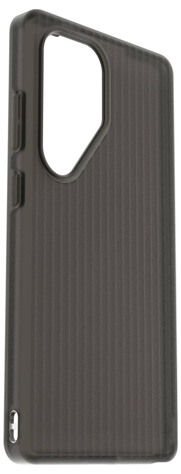 Dunkles, geripptes Handyhülle aus Kunststoff, rechteckig mit Öffnungen für Kamera und Tasten, stehend auf weißem Hintergrund.