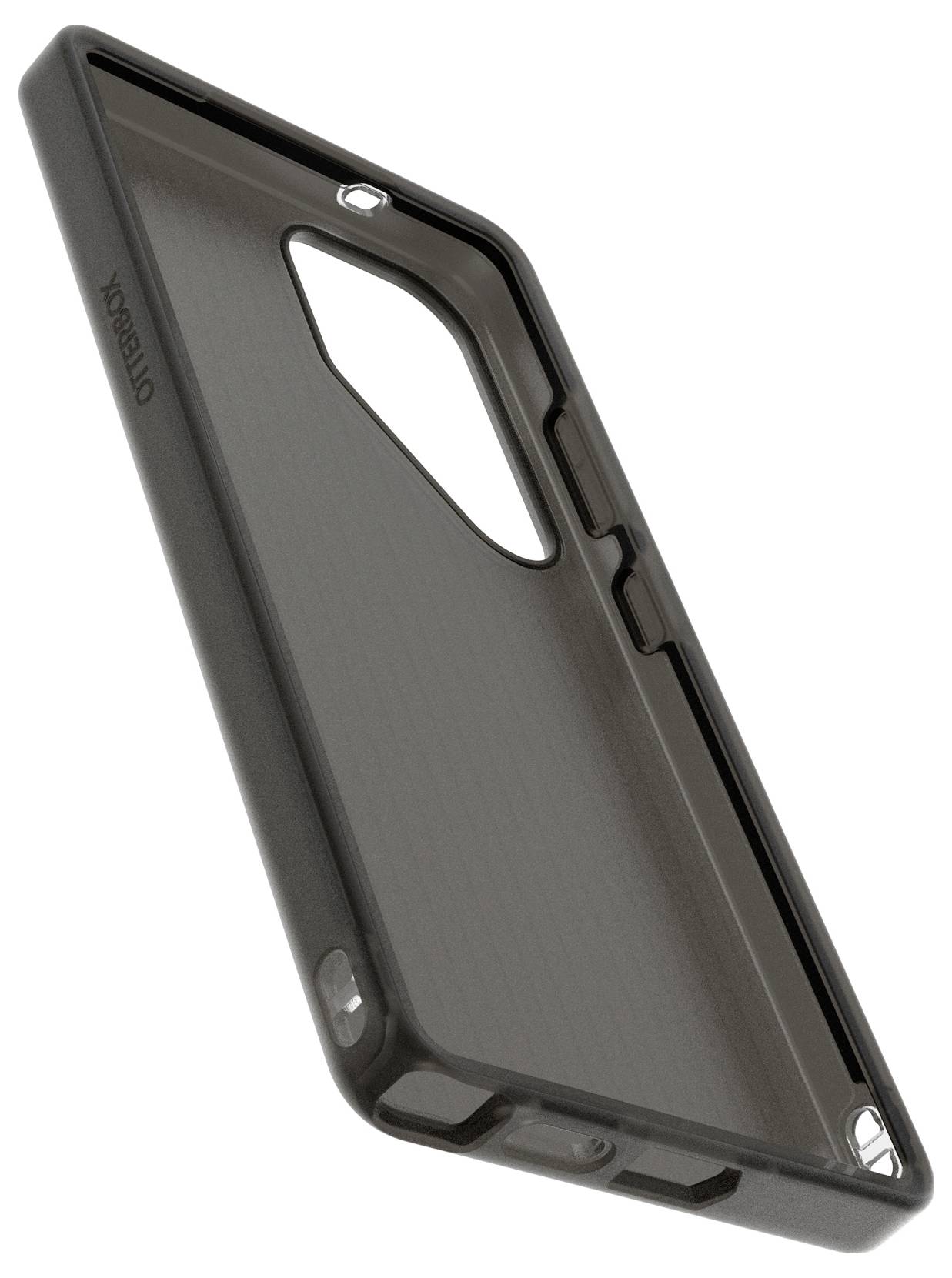 Schwarze Smartphone-Schutzhülle mit robustem Design und Aussparungen für Kamera und Anschlüsse. Ideal für stoßfesten Schutz.